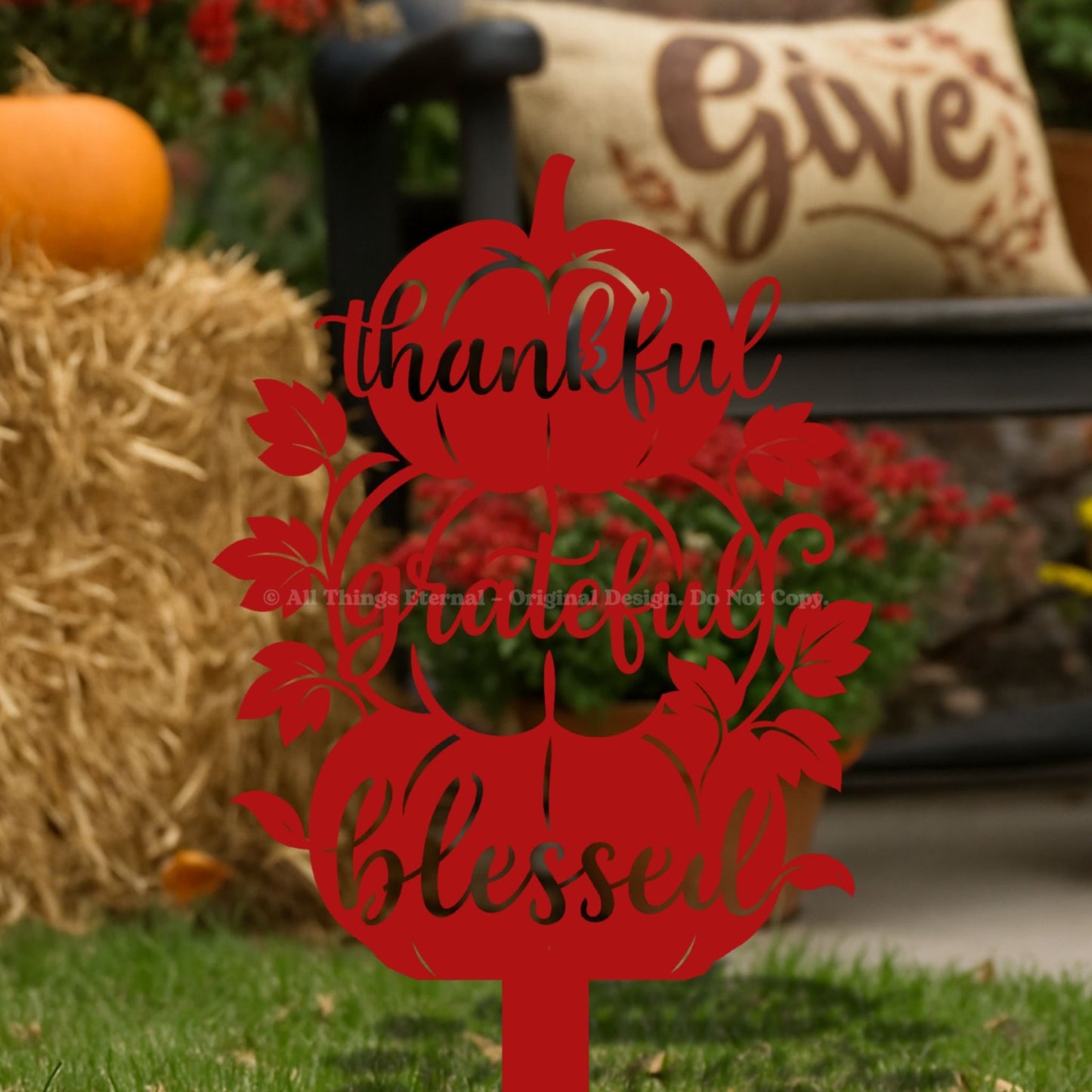 Thankful Grateful Blessed Pumpkin Metal Yard Sign