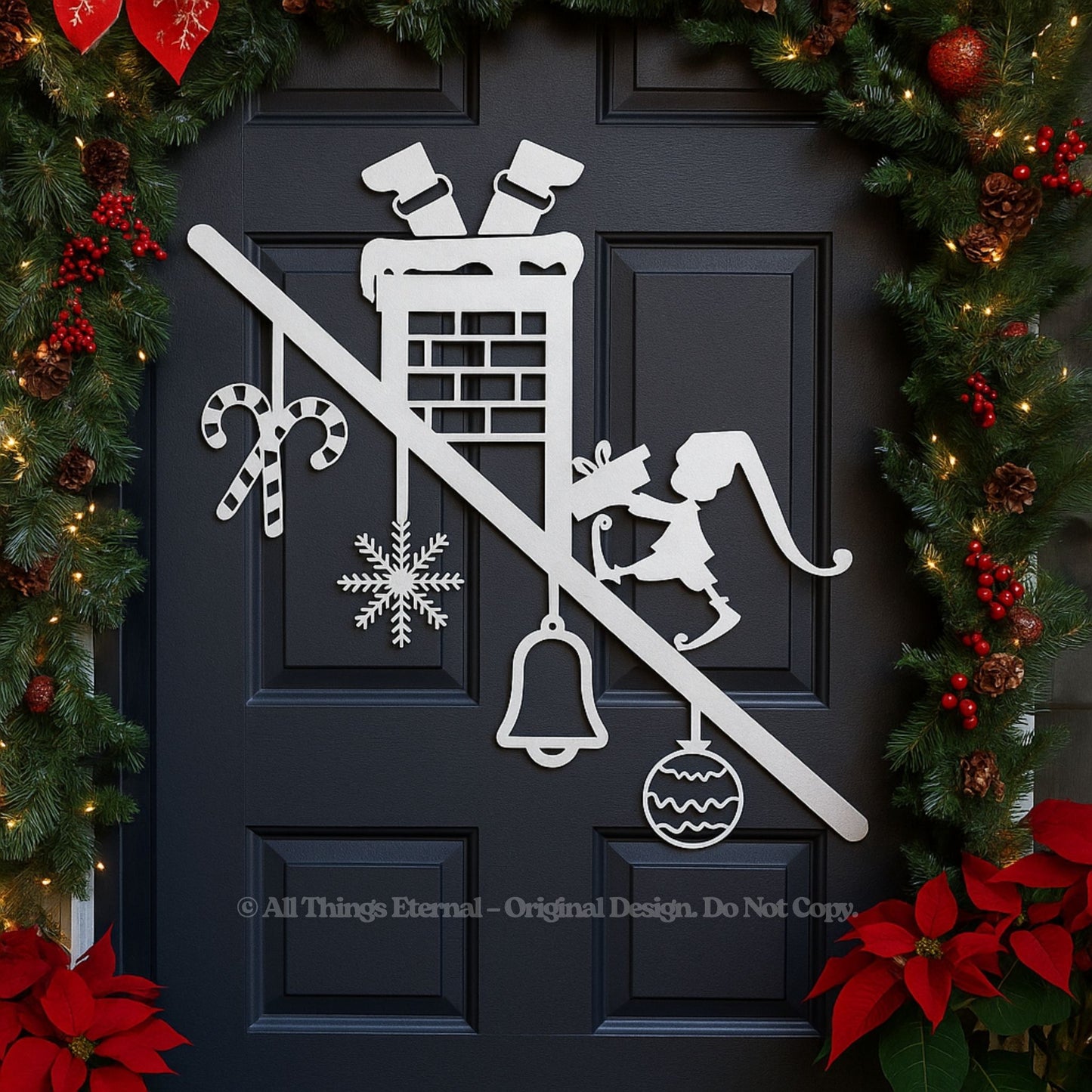 Santa & Elf Chimney Metal Wall Art – Christmas Door & Porch Decor