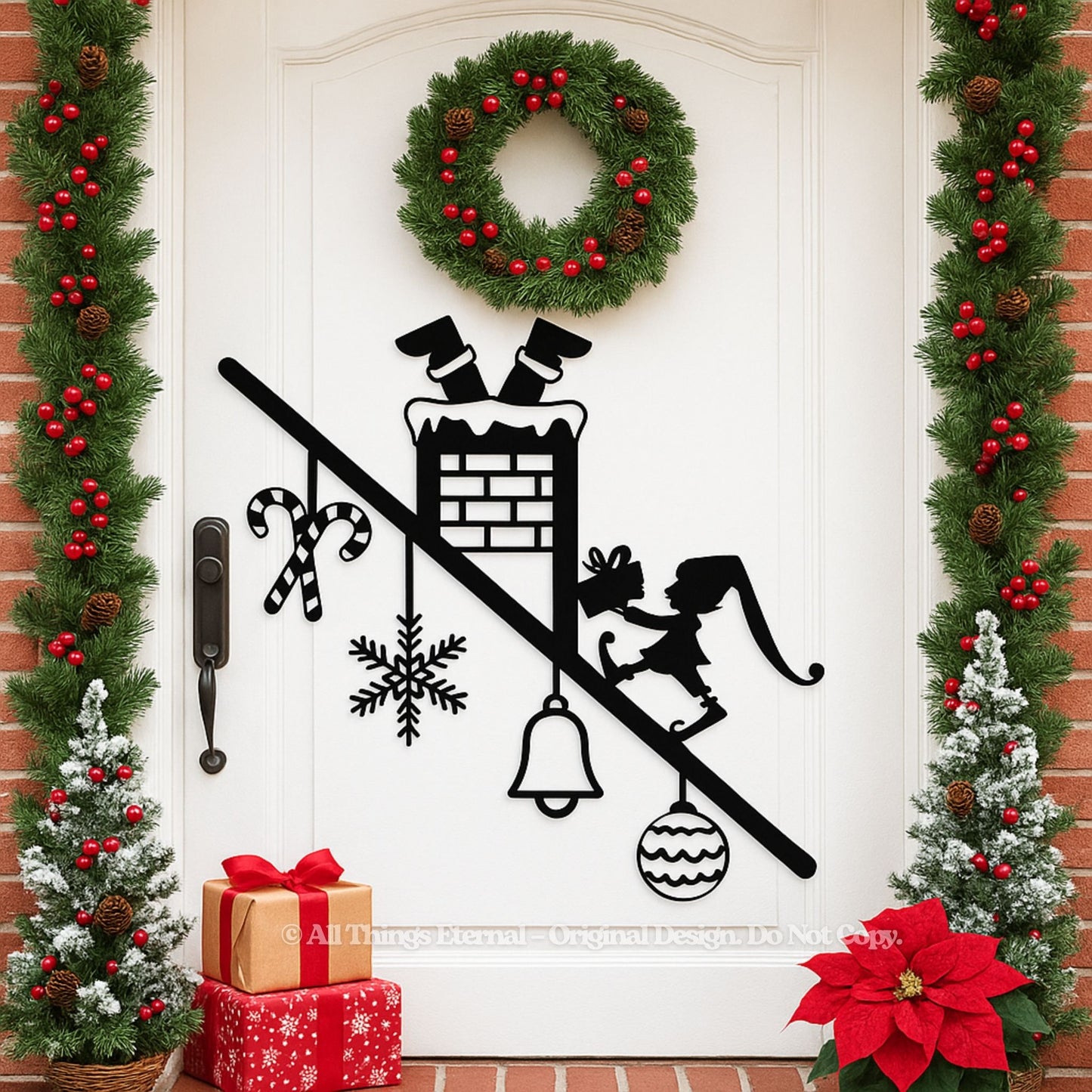 Santa & Elf Chimney Metal Wall Art – Christmas Door & Porch Decor