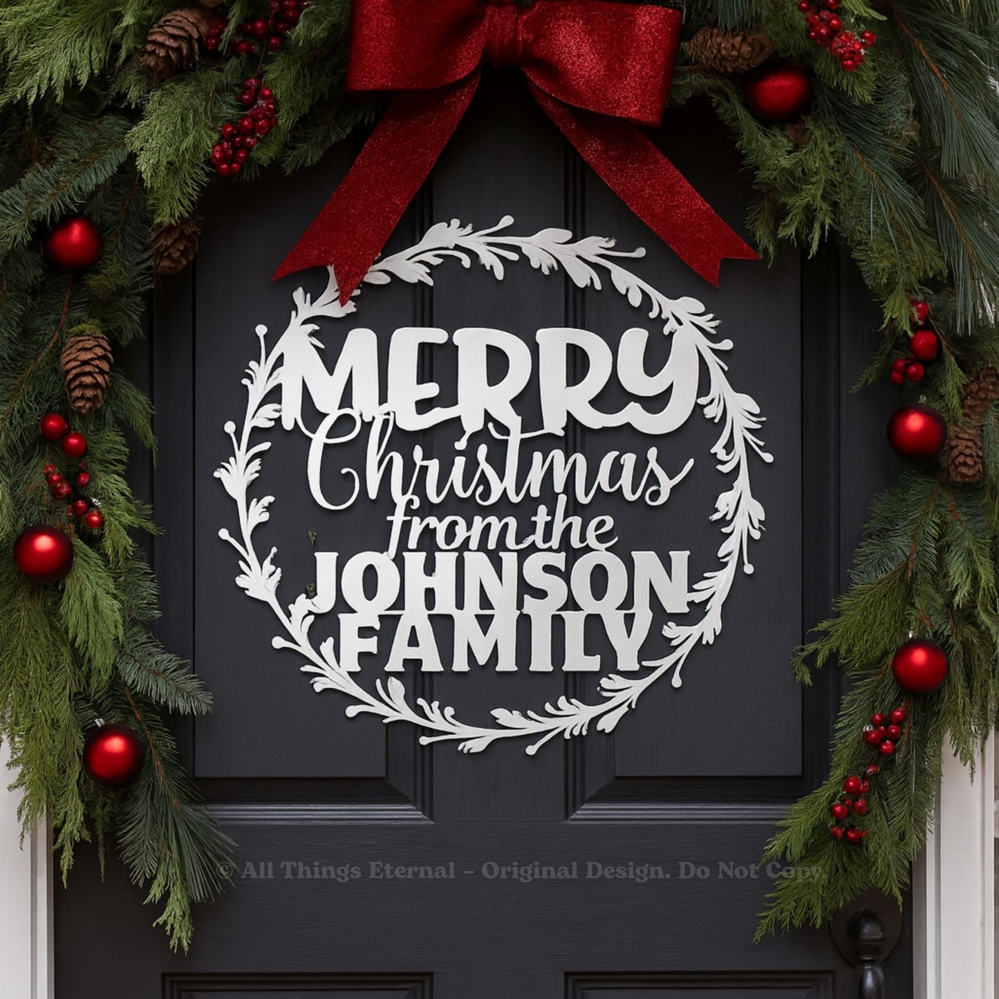 Personalized Round Wreath Merry Christmas Metal Sign