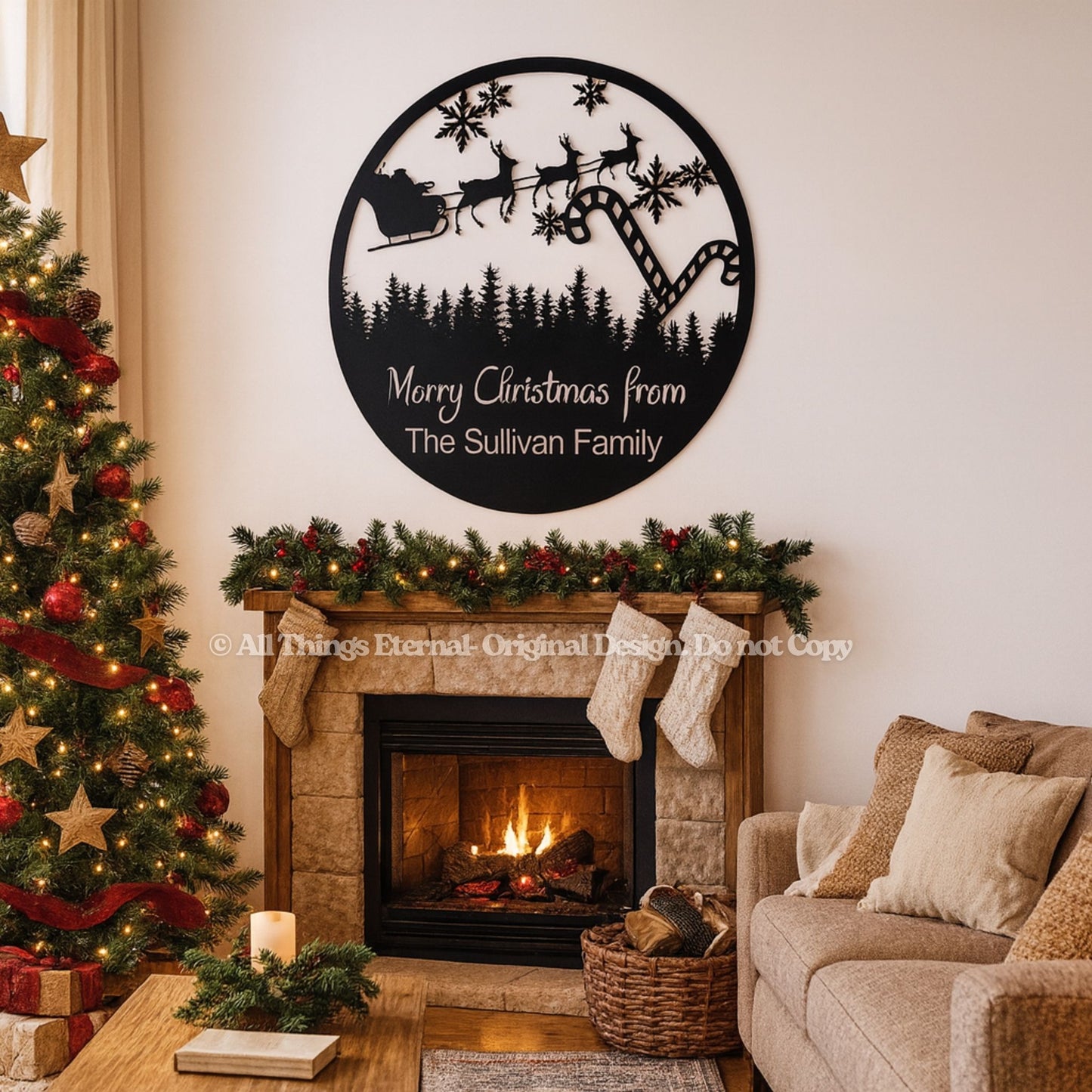 Personalized Family Name Christmas Metal Sign – Santa Sleigh Home Decoration