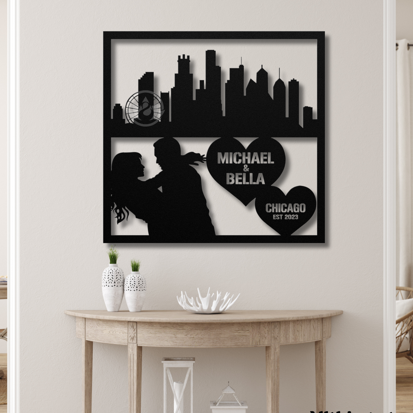 Personalized Chicago Cityscape Couple Metal Wall Hanging Sign-Romantic Gift for Couple