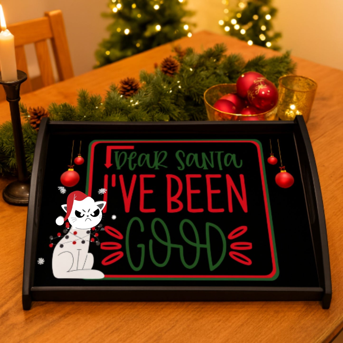 Funny Cat Christmas Tray – Dear Santa Espresso Black Party Platter