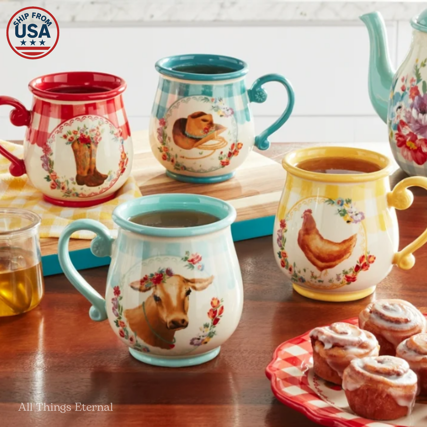 Pioneer Woman Novelty Gingham Multi-Color Stoneware 16-oz Mugs Set-4-Pcs