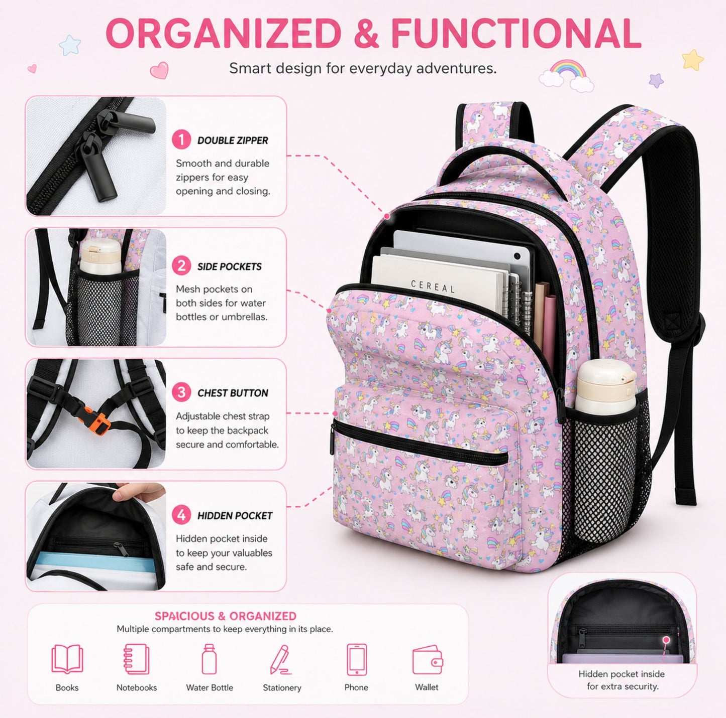AOP Unicorn Children's Backpack – Cute School Bag for Kids