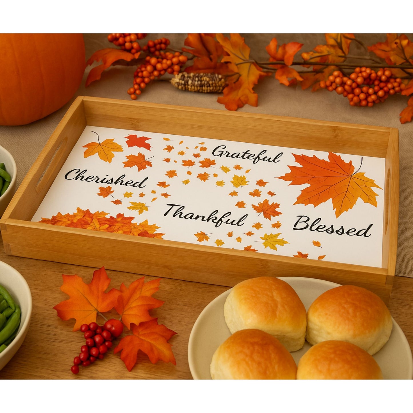 Grateful Thankful Blessed Wooden Serving Tray | Rustic Holiday Tableware
