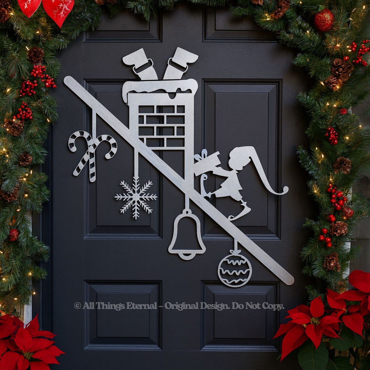 Santa & Elf Chimney Metal Wall Art – Christmas Door & Porch Decor