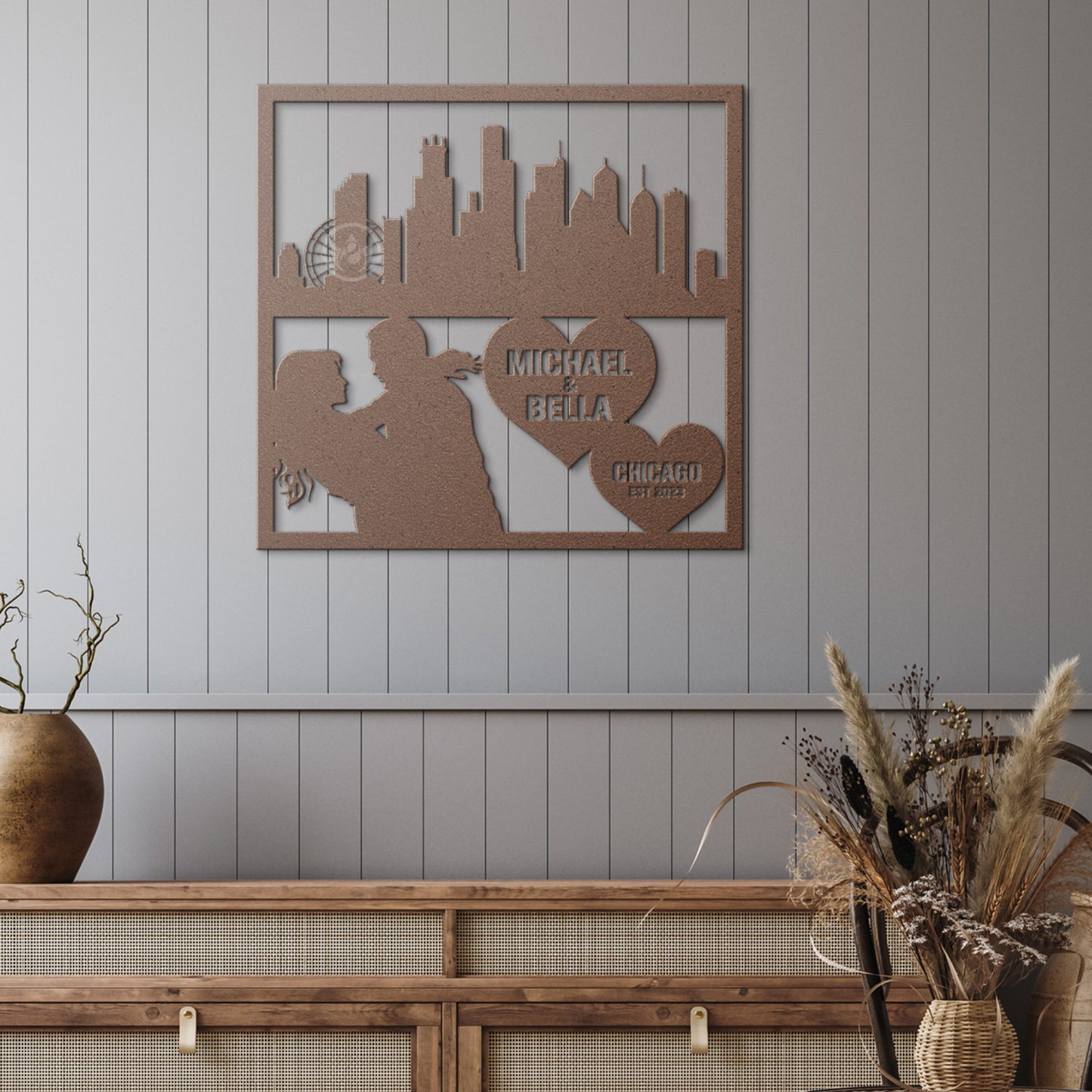 Personalized Chicago Cityscape Couple Metal Wall Hanging Sign-Romantic Gift for Couple