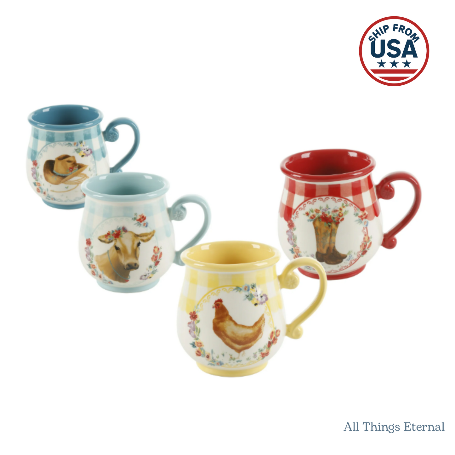 Pioneer Woman Novelty Gingham Multi-Color Stoneware 16-oz Mugs Set-4-Pcs