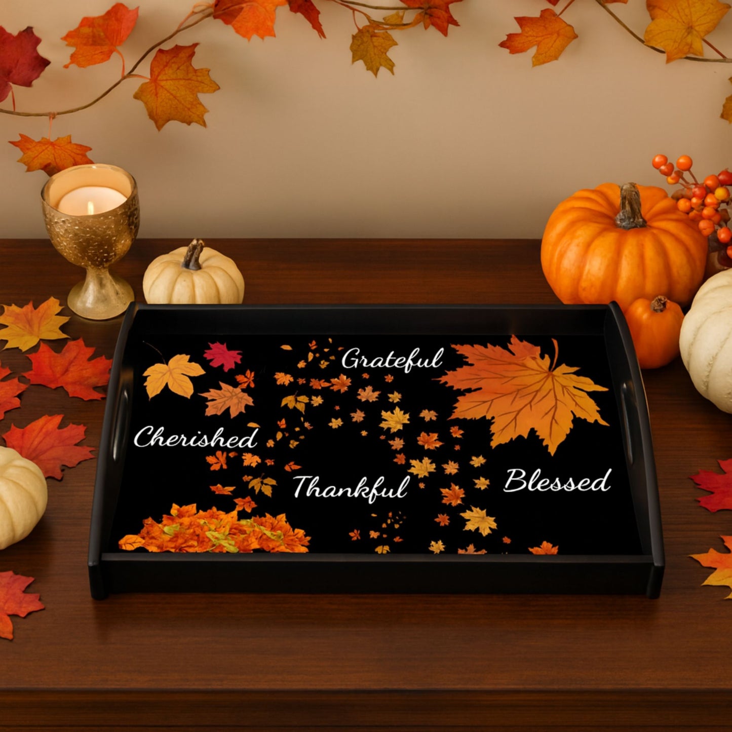 Autumn Espresso Black Serving Tray – Fall Decor, Thanksgiving Gift