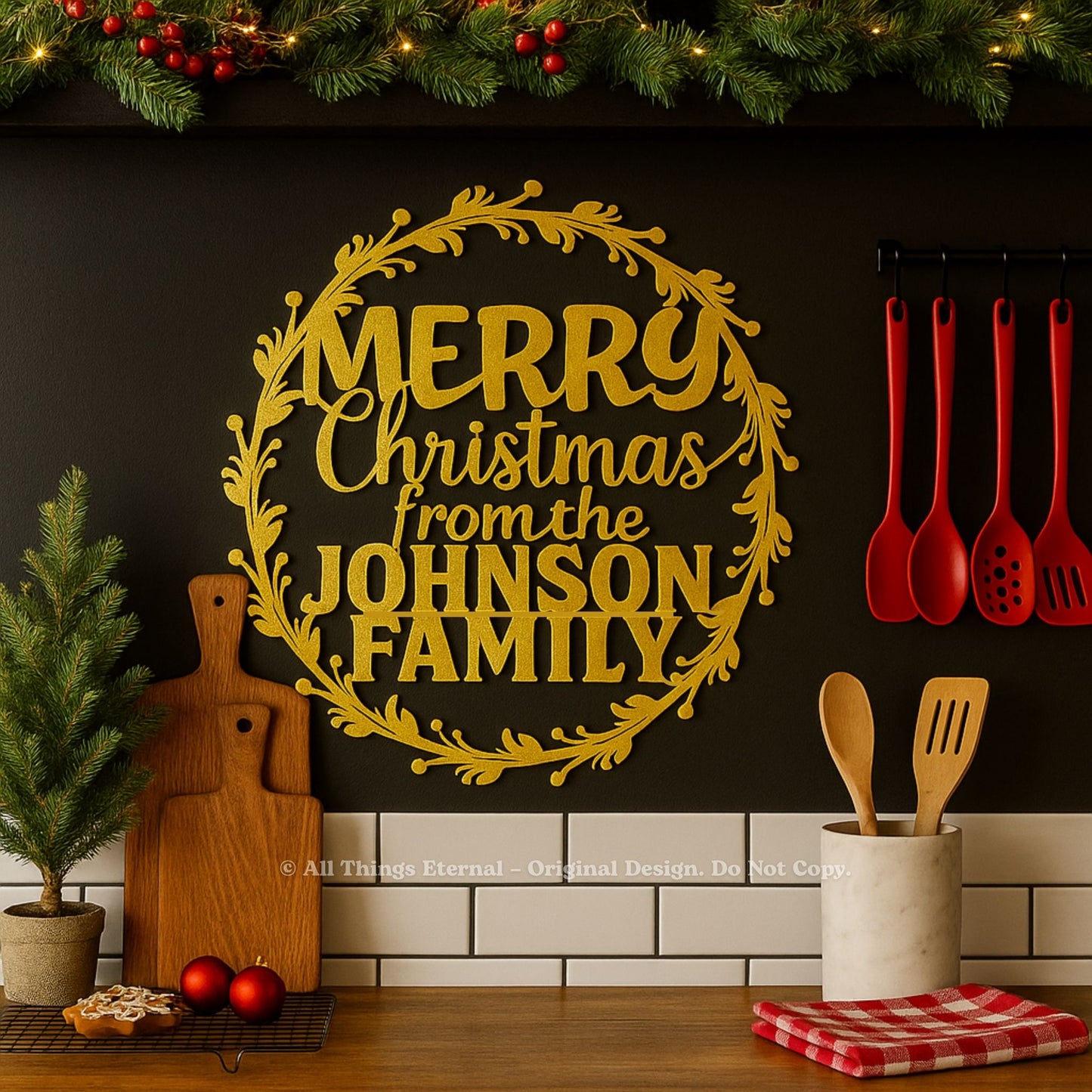 Personalized Round Wreath Merry Christmas Metal Sign