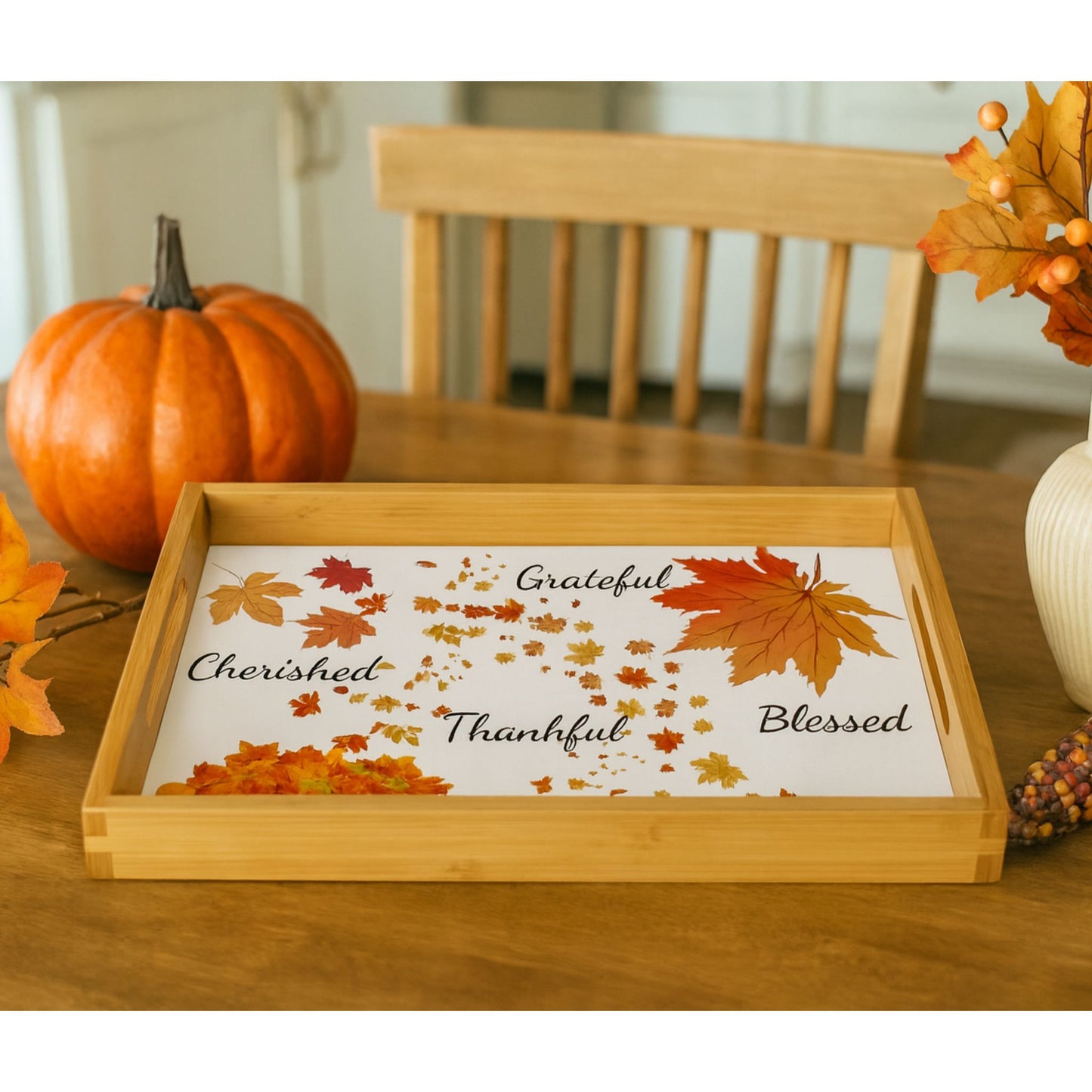 Grateful Thankful Blessed Wooden Serving Tray | Rustic Holiday Tableware