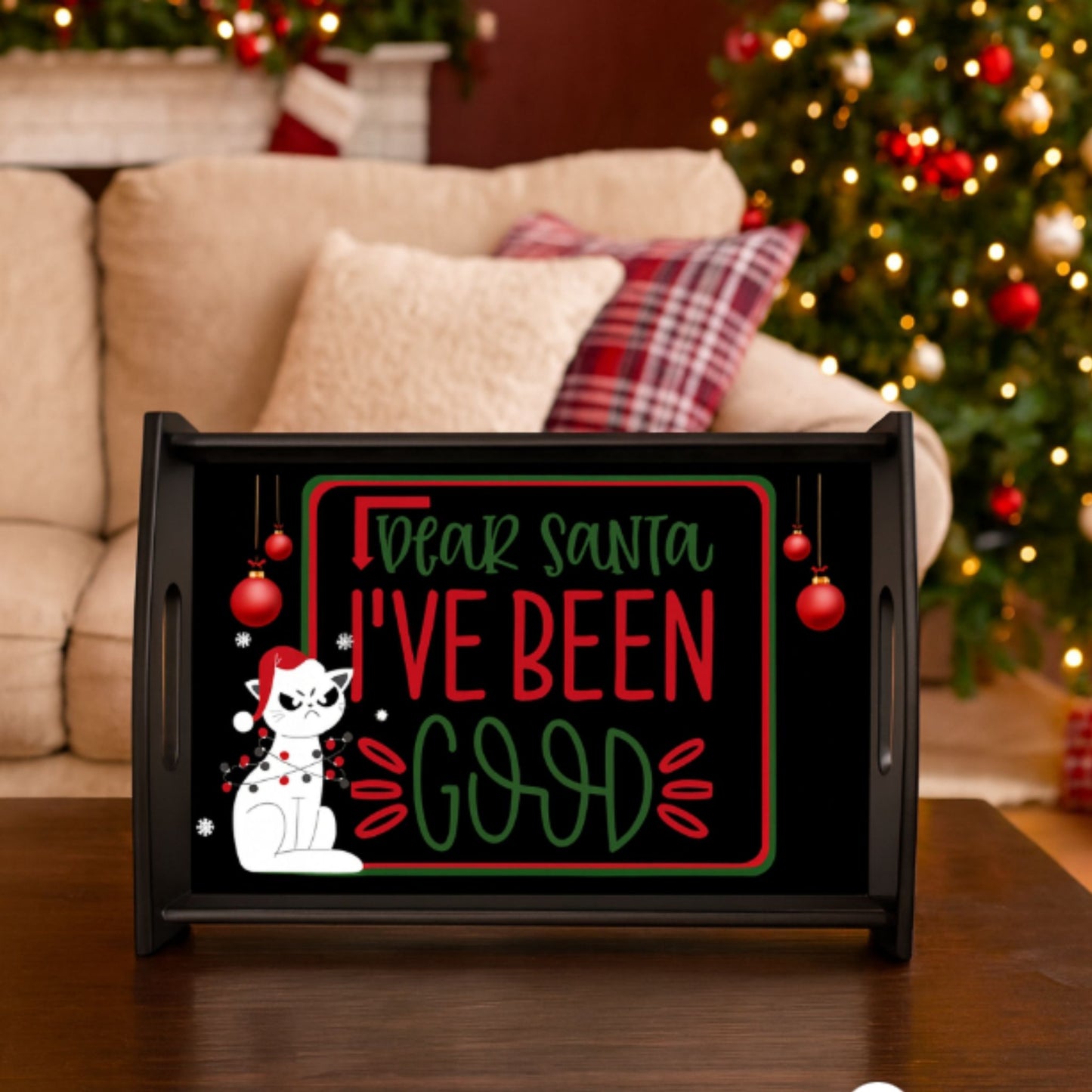 Funny Cat Christmas Tray – Dear Santa Espresso Black Party Platter