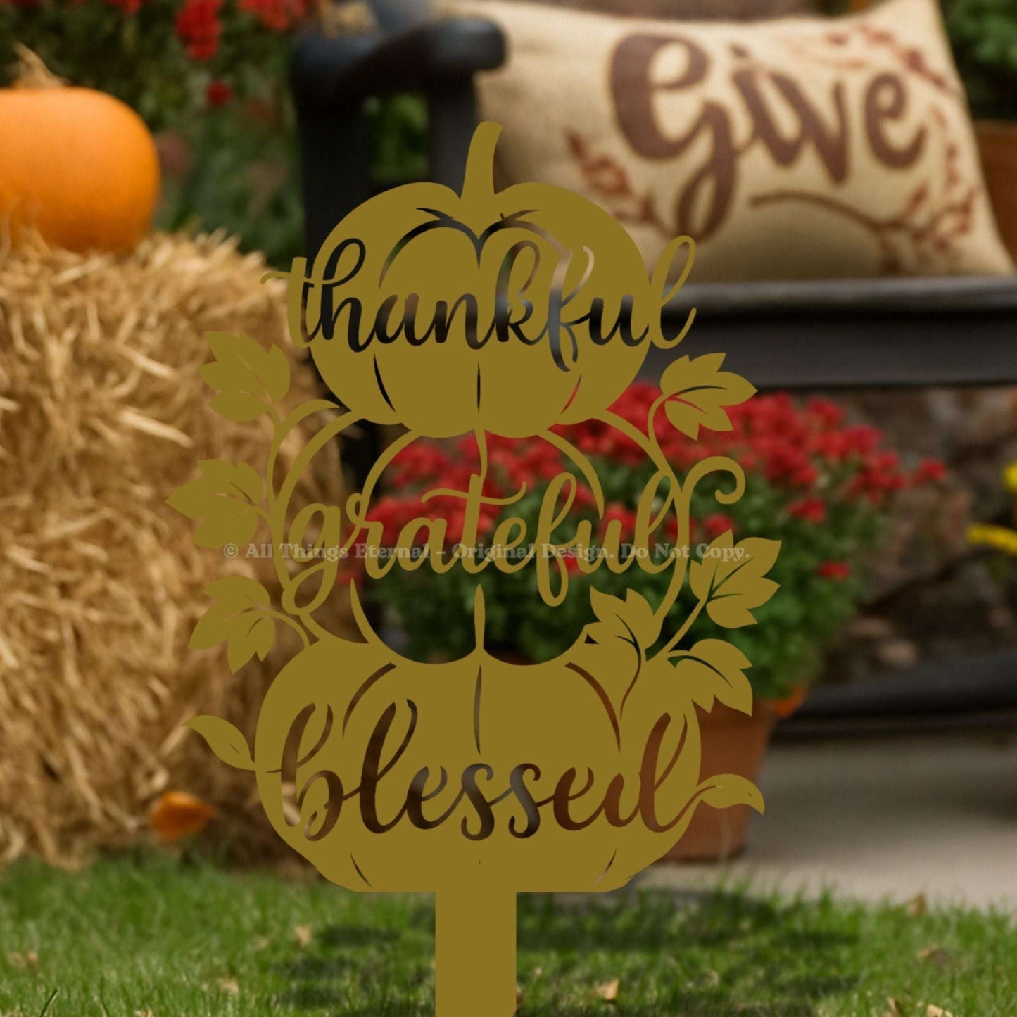Thankful Grateful Blessed Pumpkin Metal Yard Sign