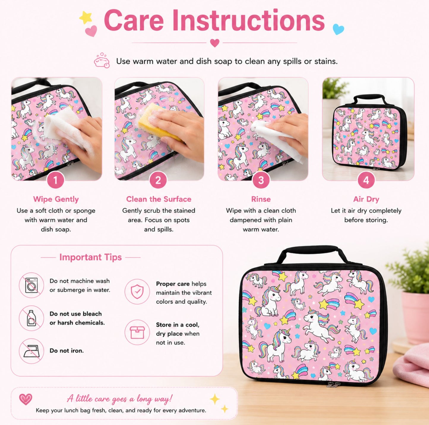 Stay Magical Unicorn Pattern Lunch Bag | Rainbow Stars Kids Lunch Tote