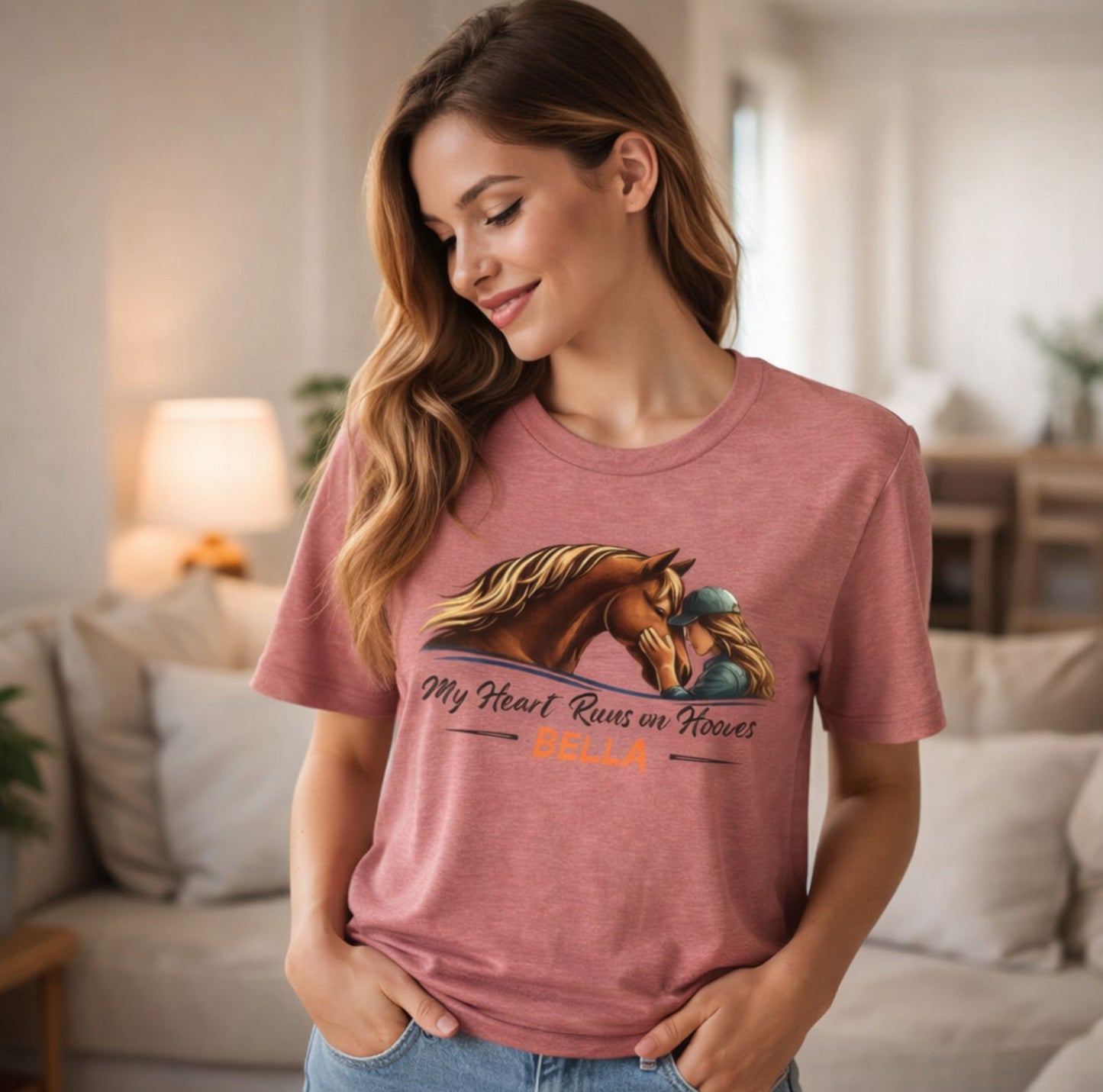 Horse Lover T‑Shirt - My Heart Runs on Hooves Personalized Bella Tee
