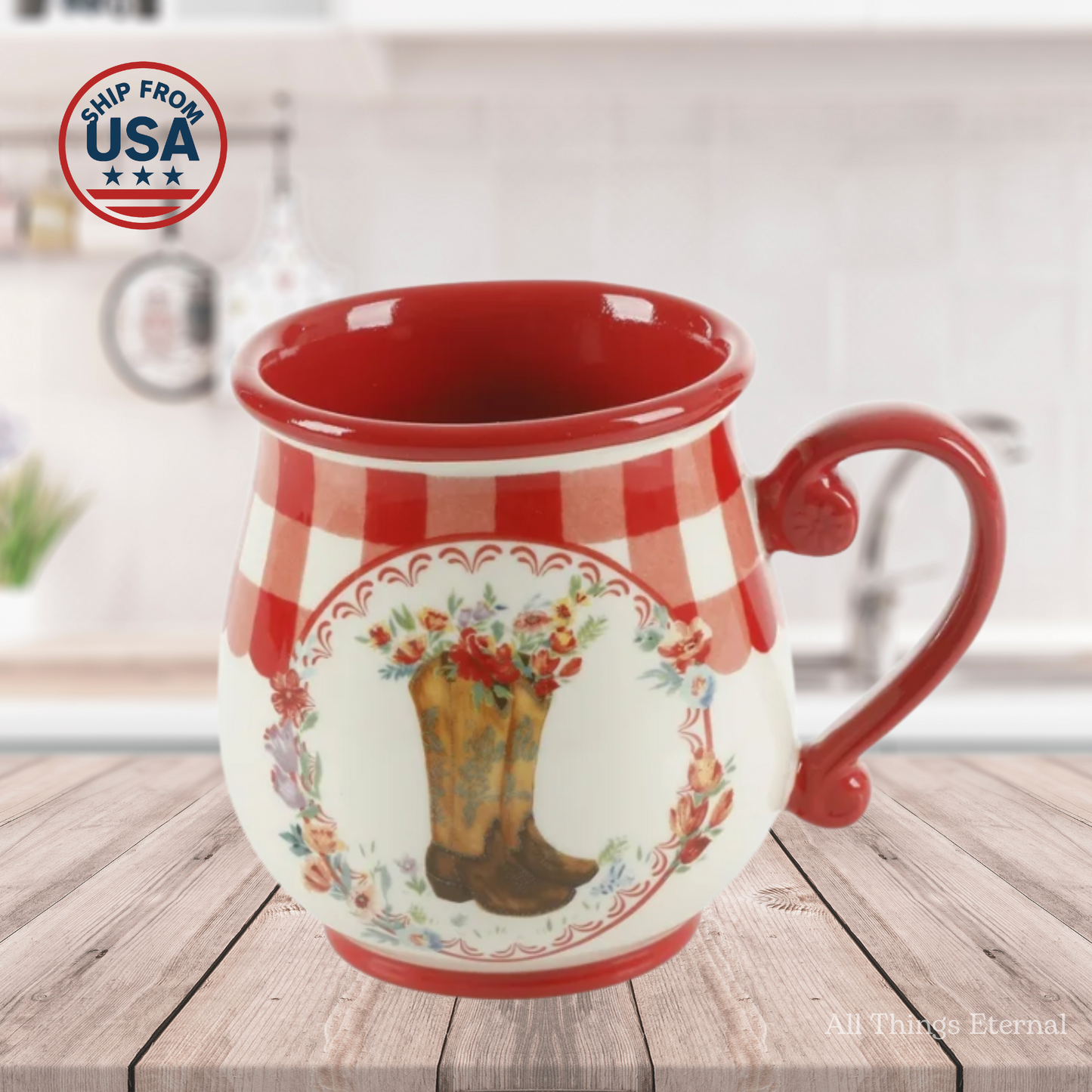 Pioneer Woman Novelty Gingham Multi-Color Stoneware 16-oz Mugs Set-4-Pcs