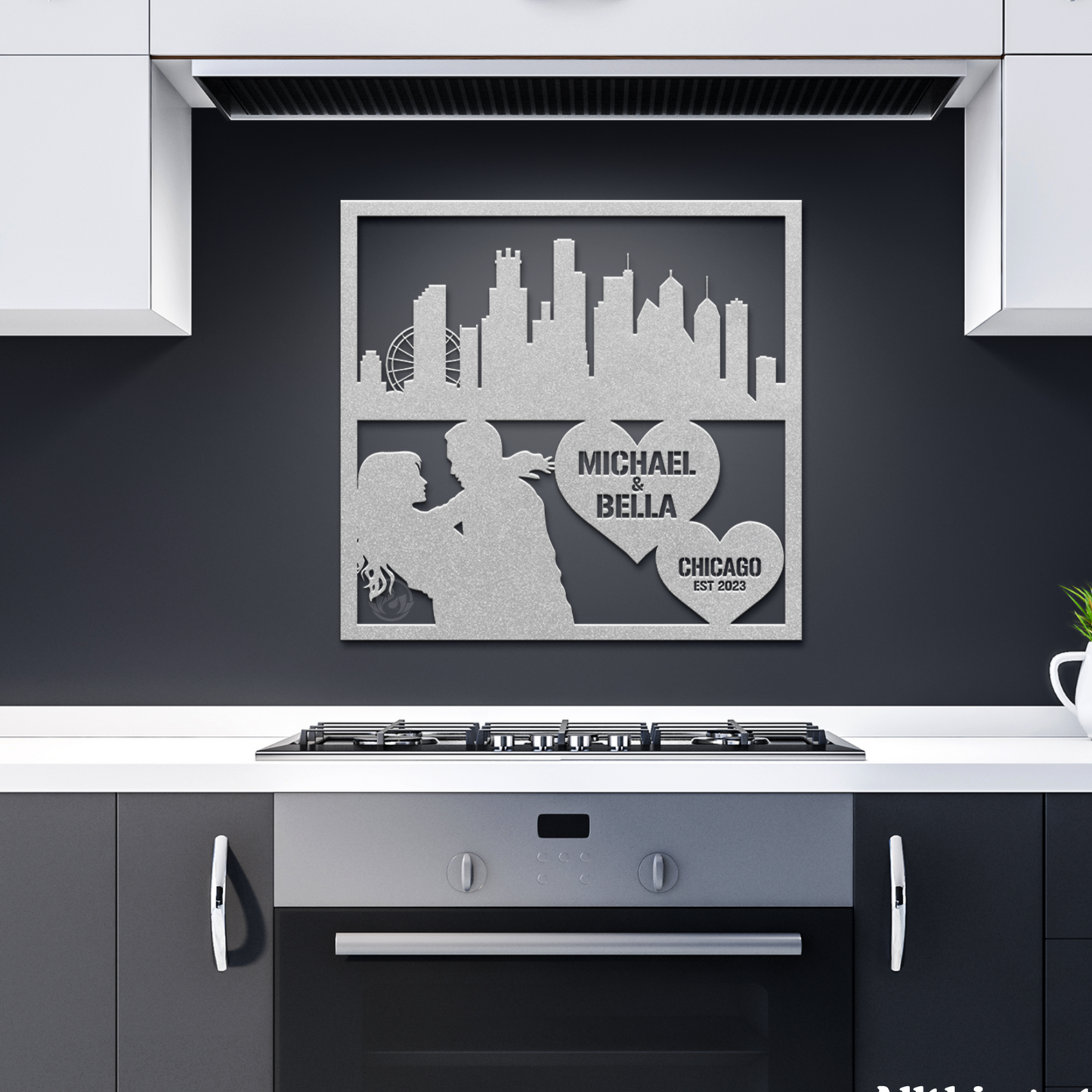 Personalized Chicago Cityscape Couple Metal Wall Hanging Sign-Romantic Gift for Couple