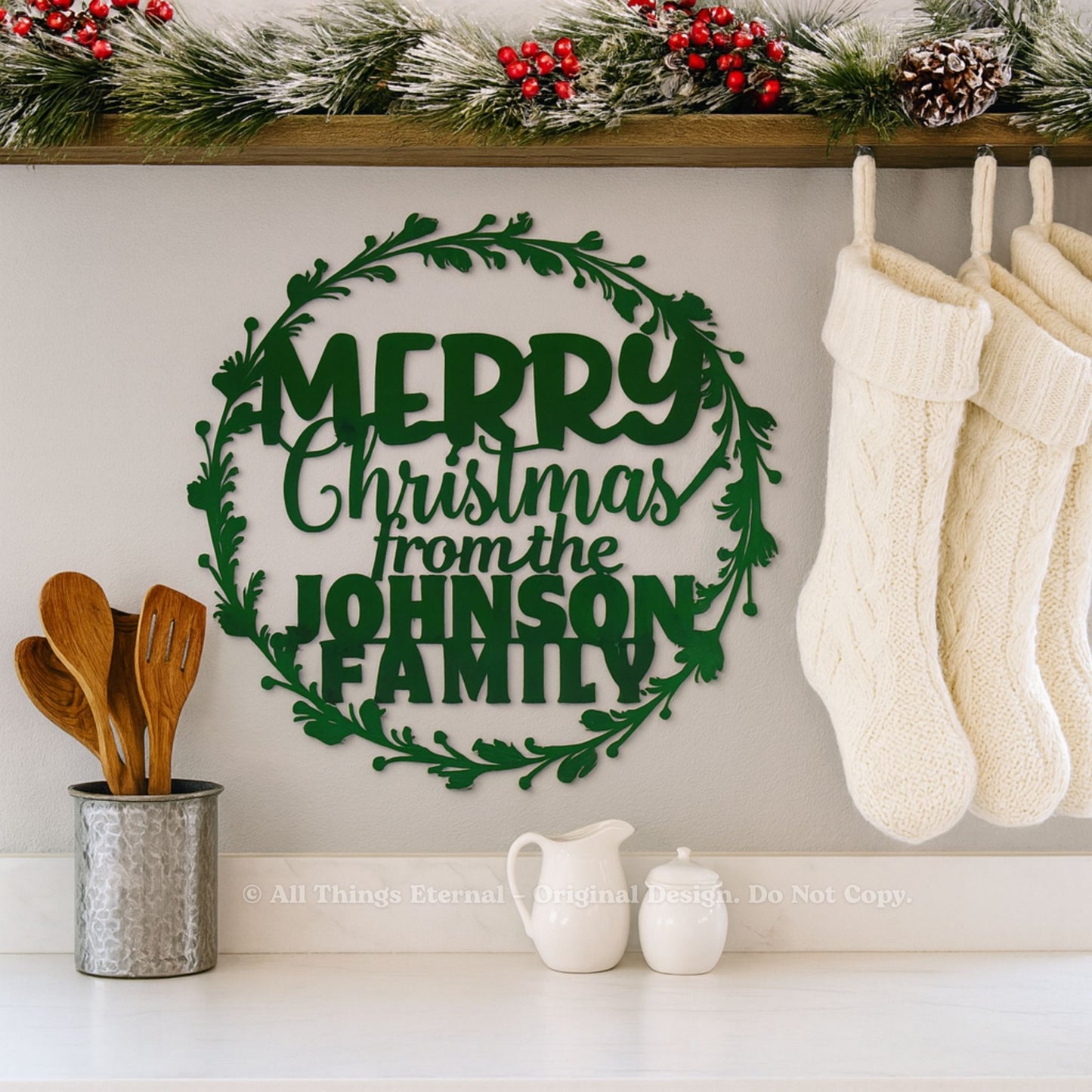 Personalized Round Wreath Merry Christmas Metal Sign