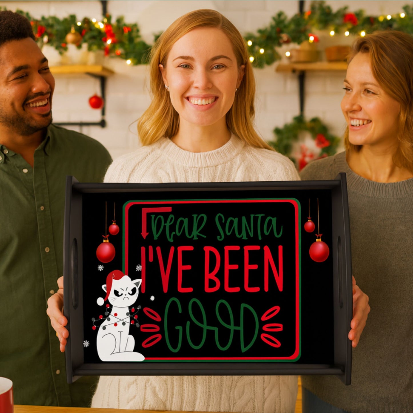 Funny Cat Christmas Tray – Dear Santa Espresso Black Party Platter