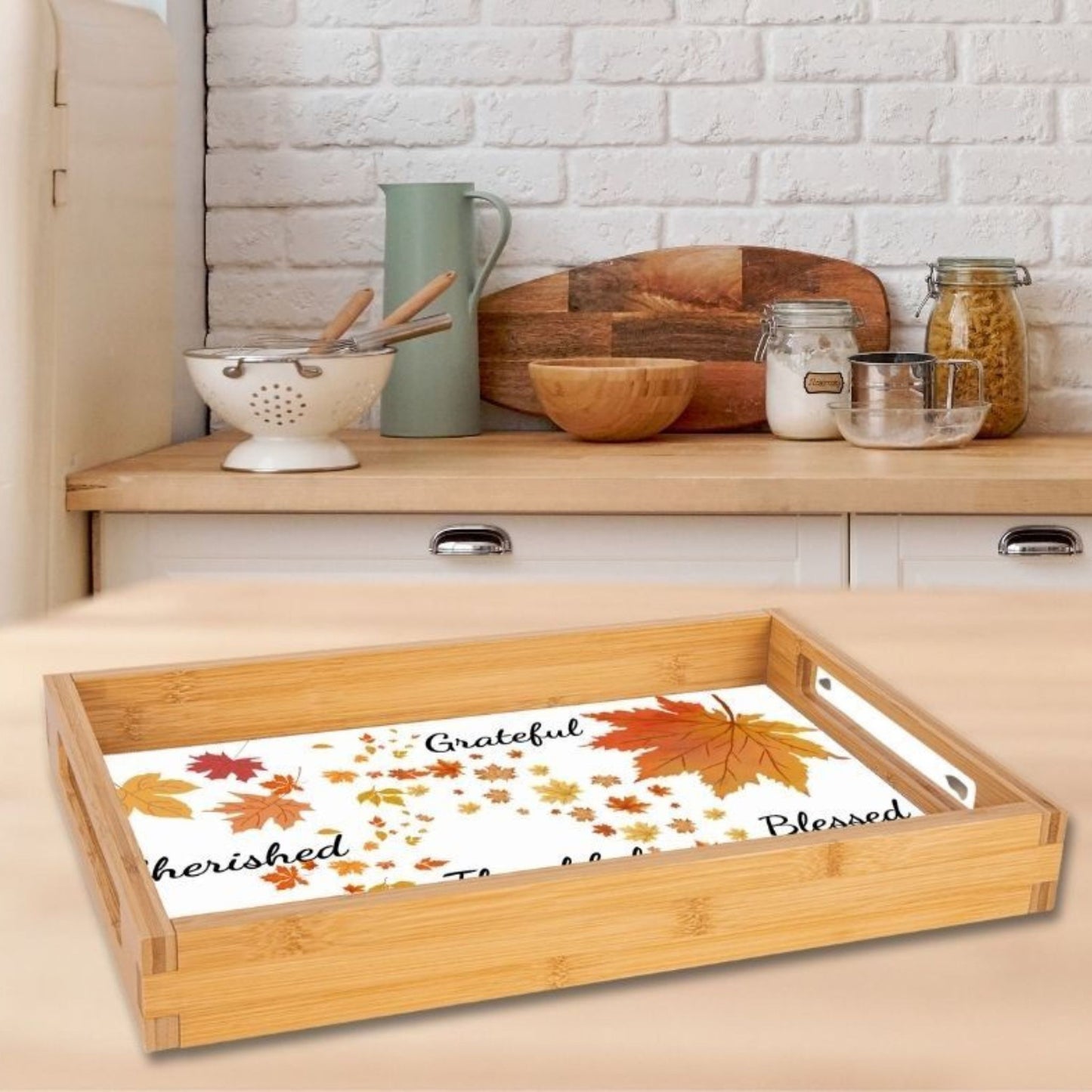 Grateful Thankful Blessed Wooden Serving Tray | Rustic Holiday Tableware