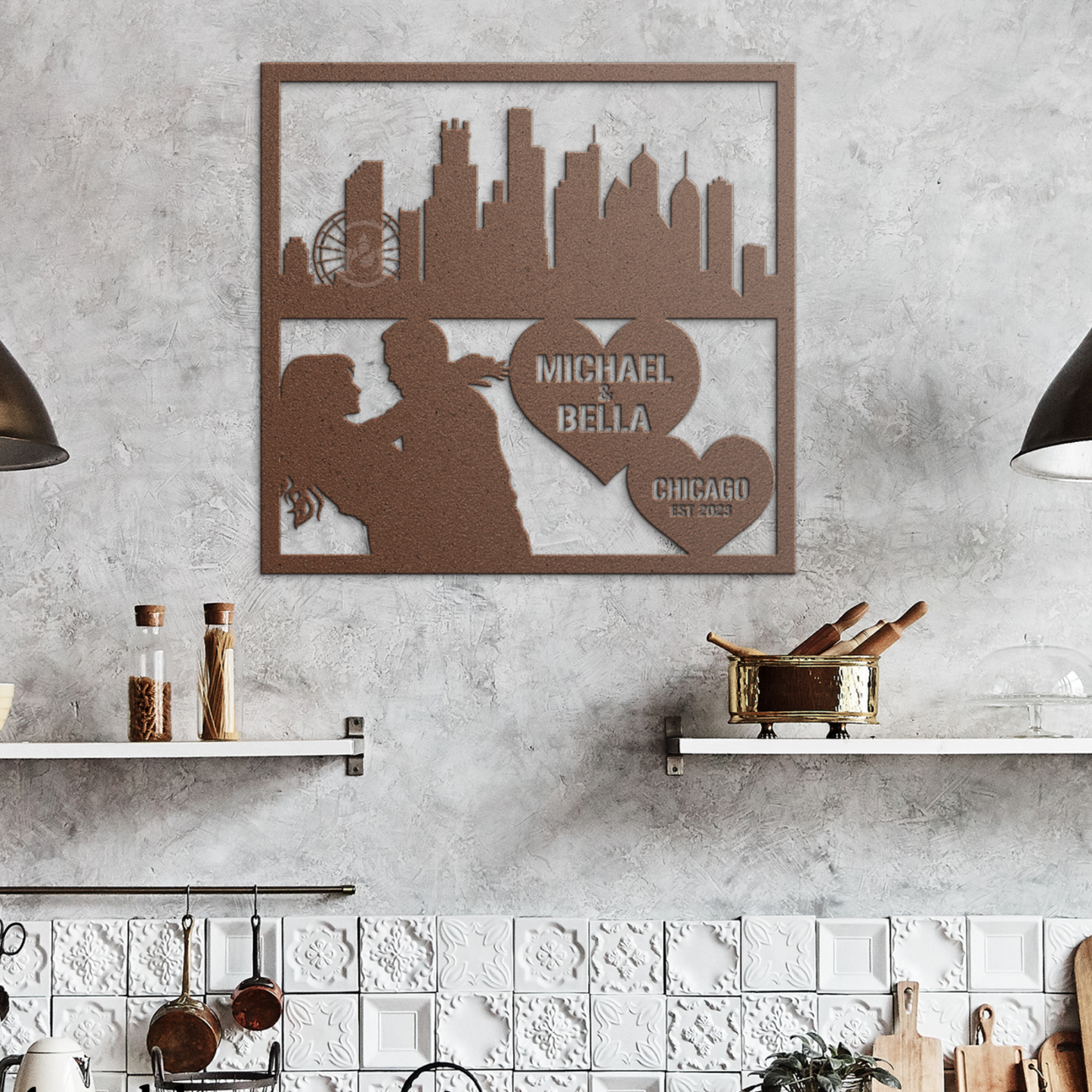 Personalized Chicago Cityscape Couple Metal Wall Hanging Sign-Romantic Gift for Couple