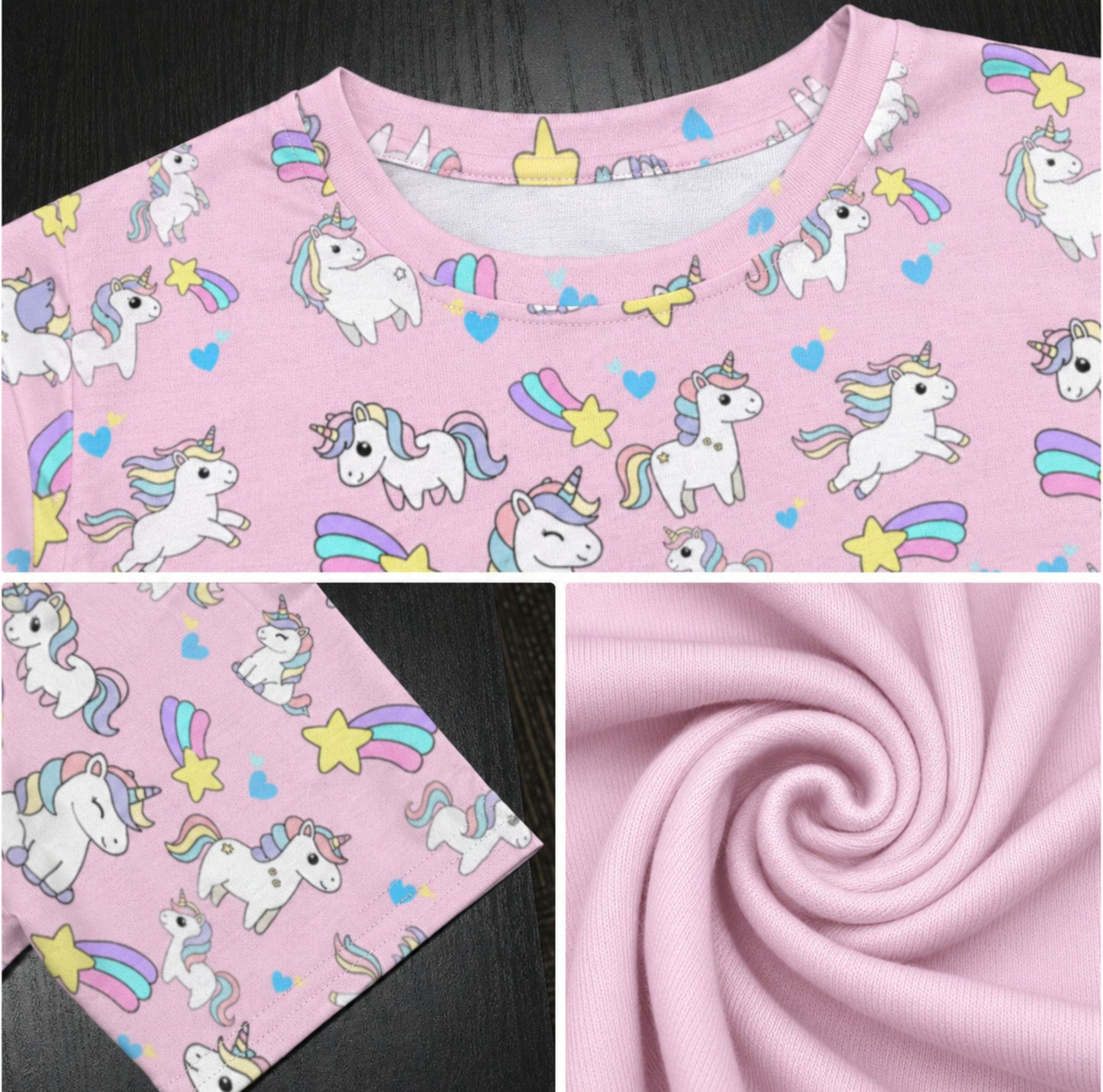 Cute Unicorn All-Over Print Girls Crew Neck Pajama Set