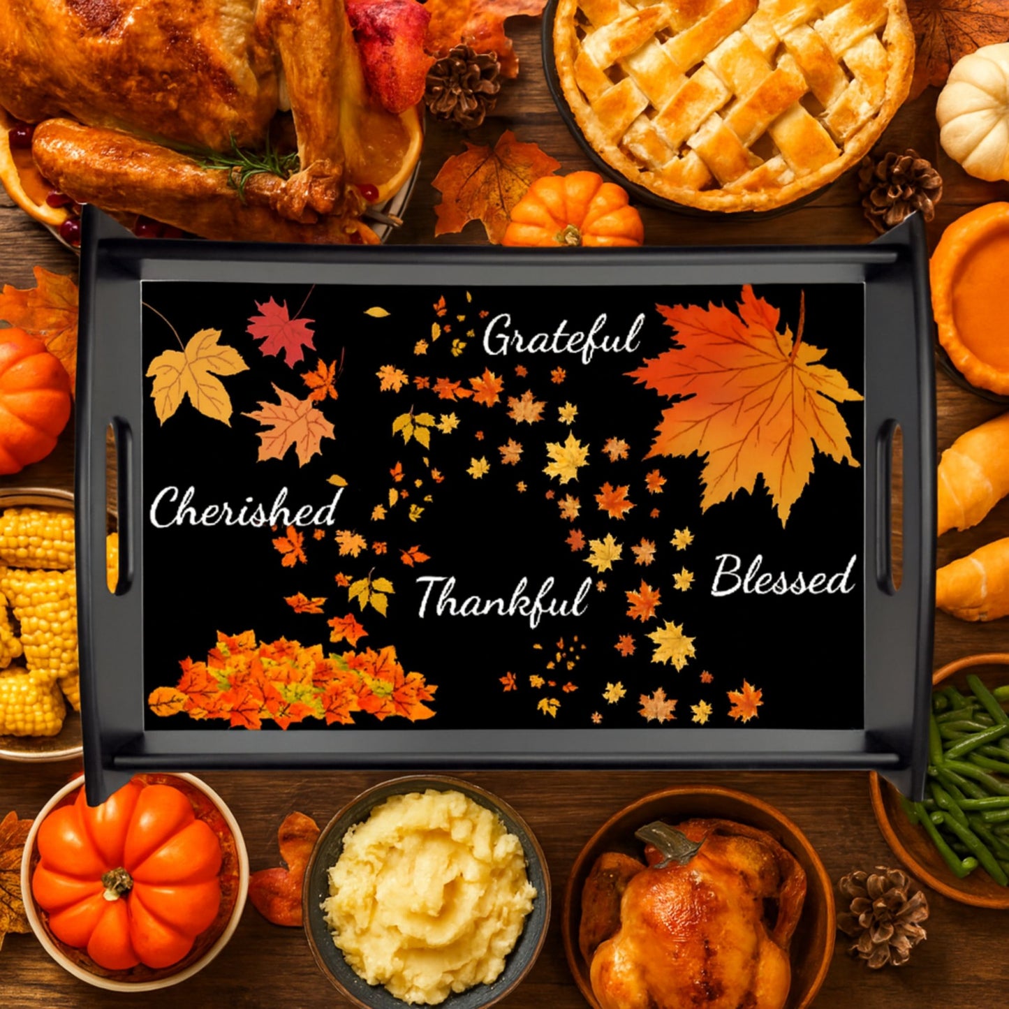 Autumn Espresso Black Serving Tray – Fall Decor, Thanksgiving Gift