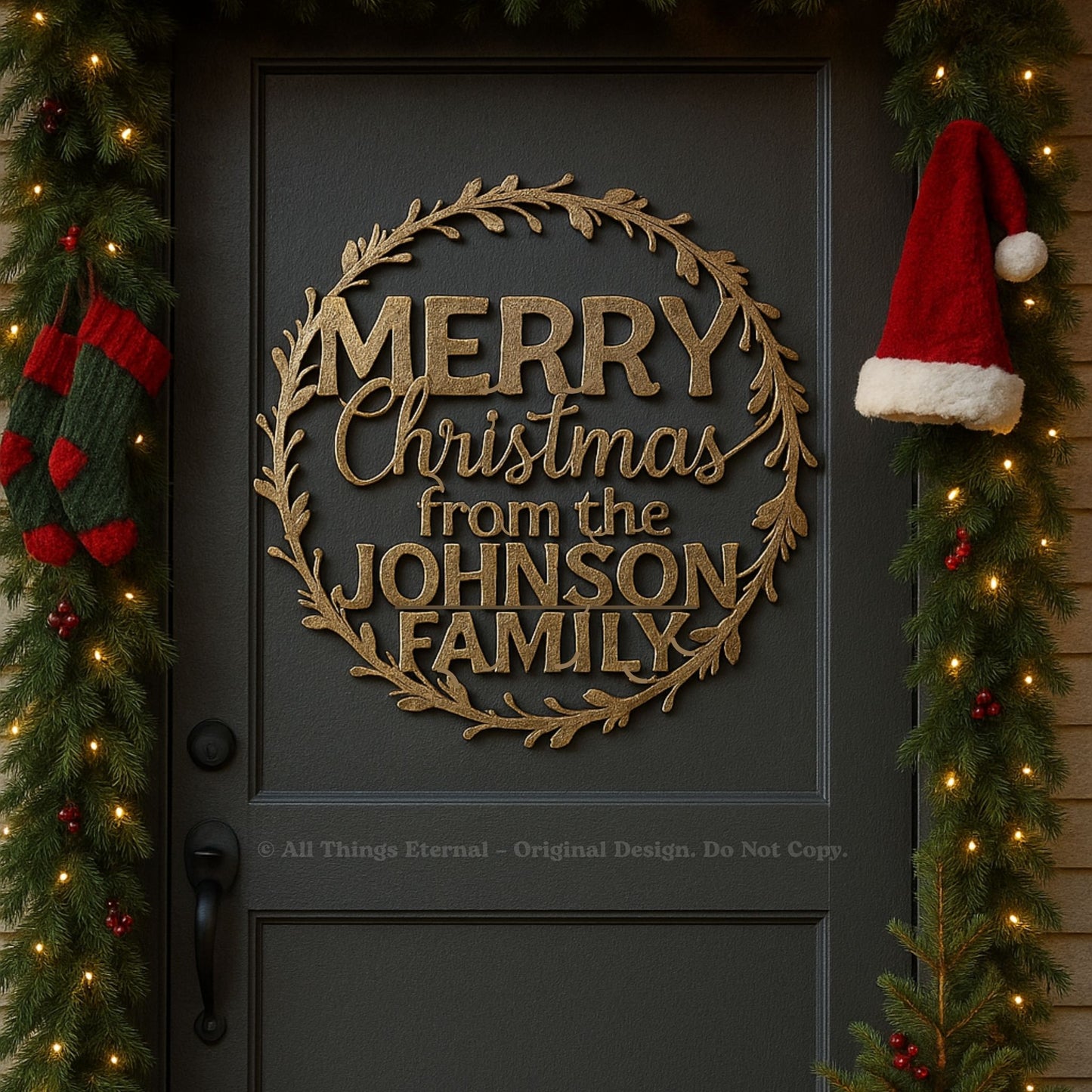 Personalized Round Wreath Merry Christmas Metal Sign