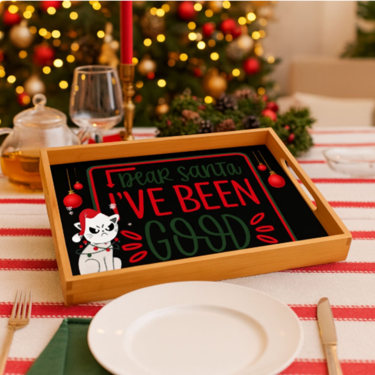 Funny Cat Christmas Tray – Dear Santa Espresso Black Party Platter