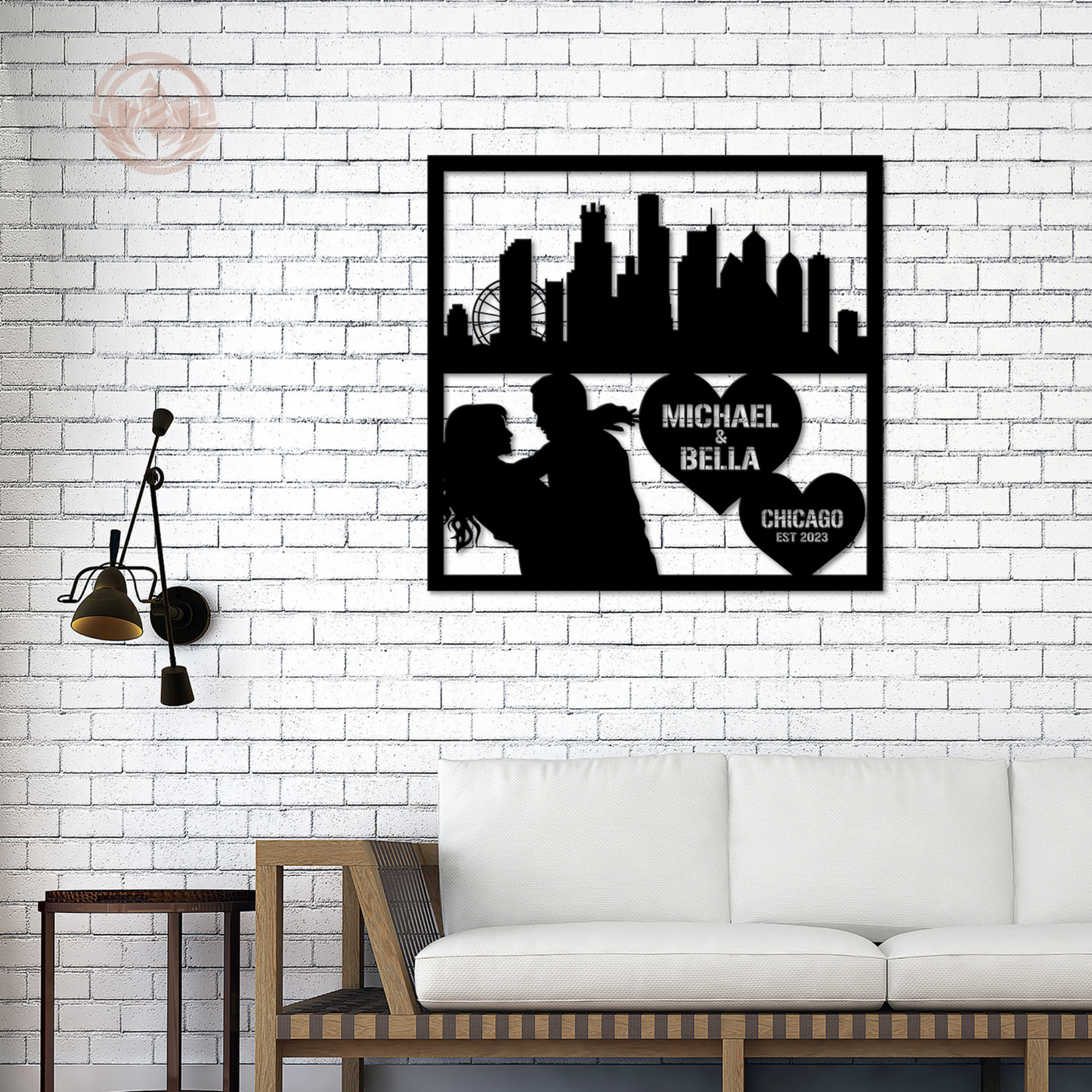 Personalized Chicago Cityscape Couple Metal Wall Hanging Sign-Romantic Gift for Couple