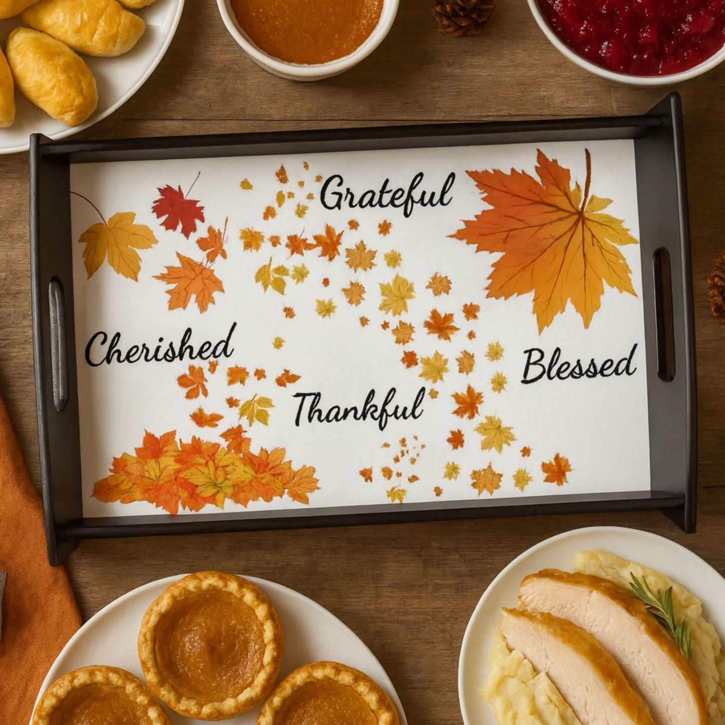 Grateful Thankful Blessed Wooden Serving Tray | Rustic Holiday Tableware