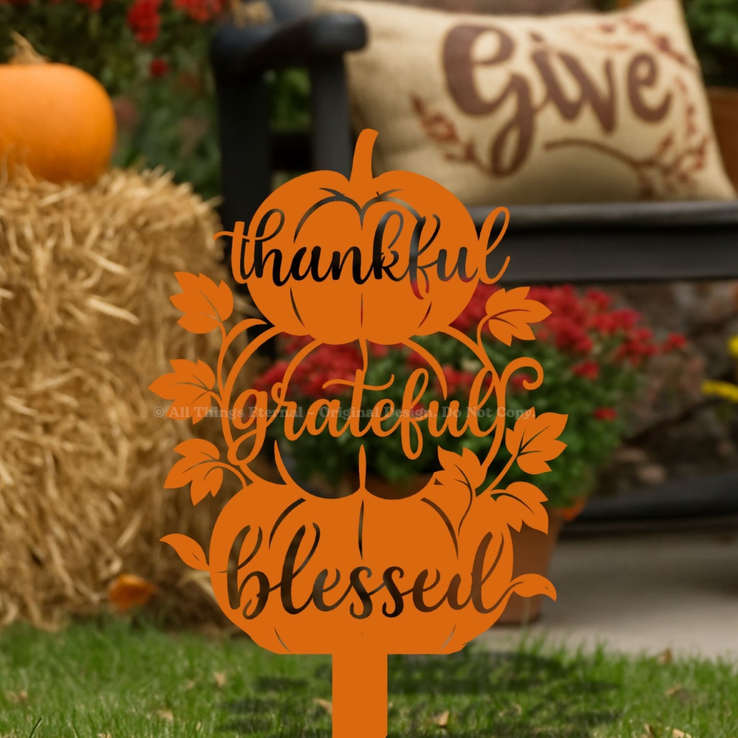 Thankful Grateful Blessed Pumpkin Metal Yard Sign
