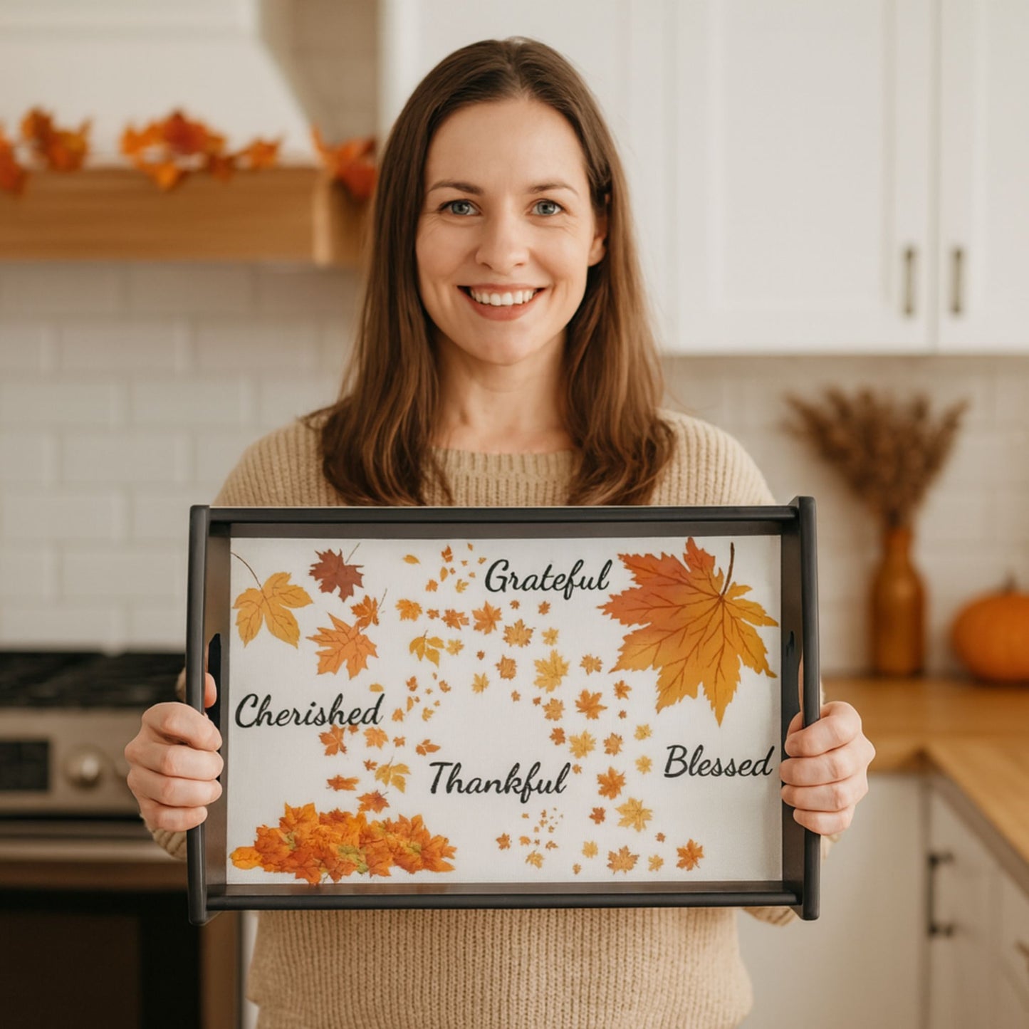 Grateful Thankful Blessed Wooden Serving Tray | Rustic Holiday Tableware