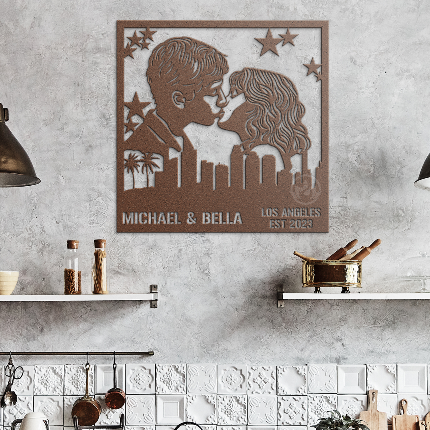 Custom Los Angeles Skyline Metal Sign- Stunning Couple Wall Art Decor