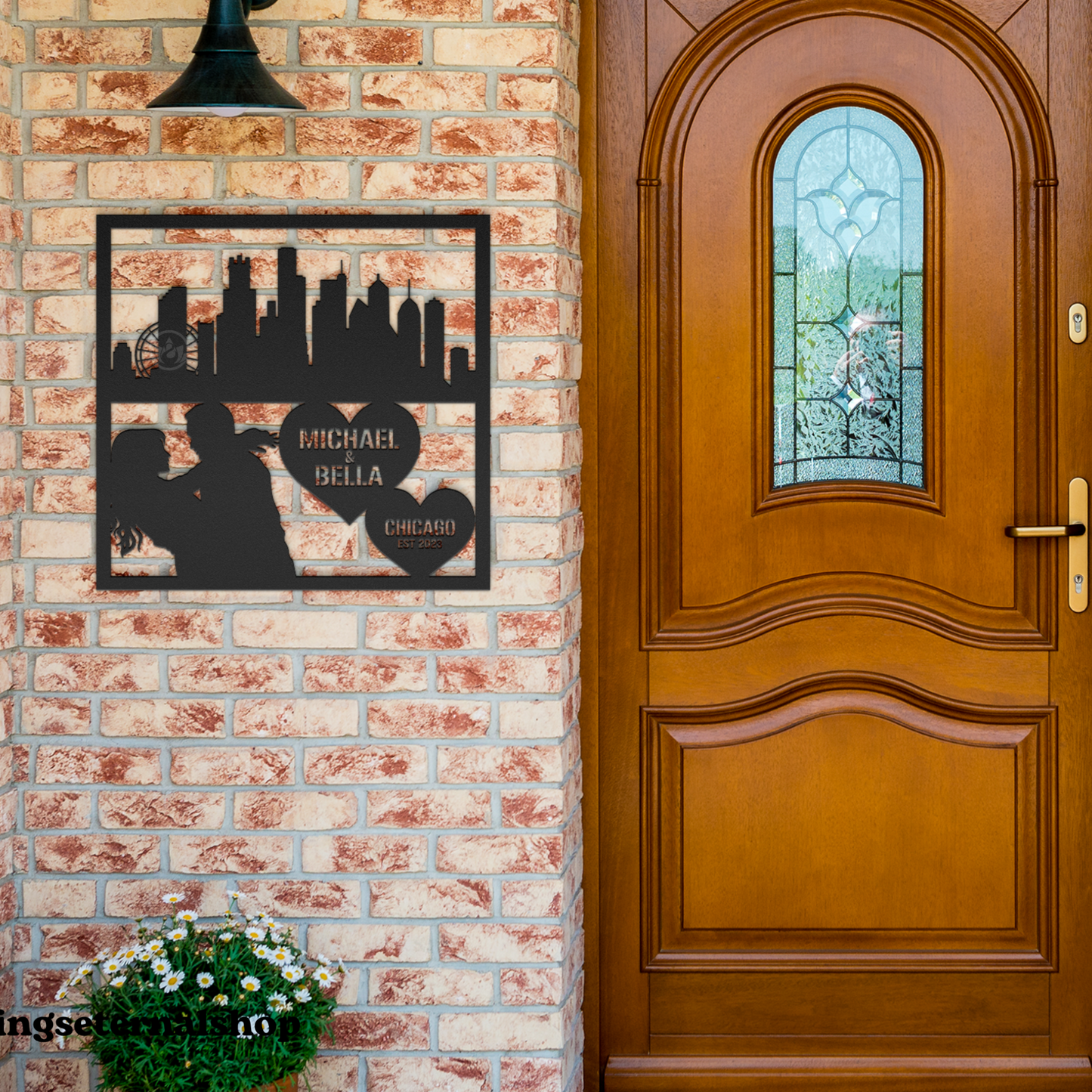 Personalized Chicago Cityscape Couple Metal Wall Hanging Sign-Romantic Gift for Couple