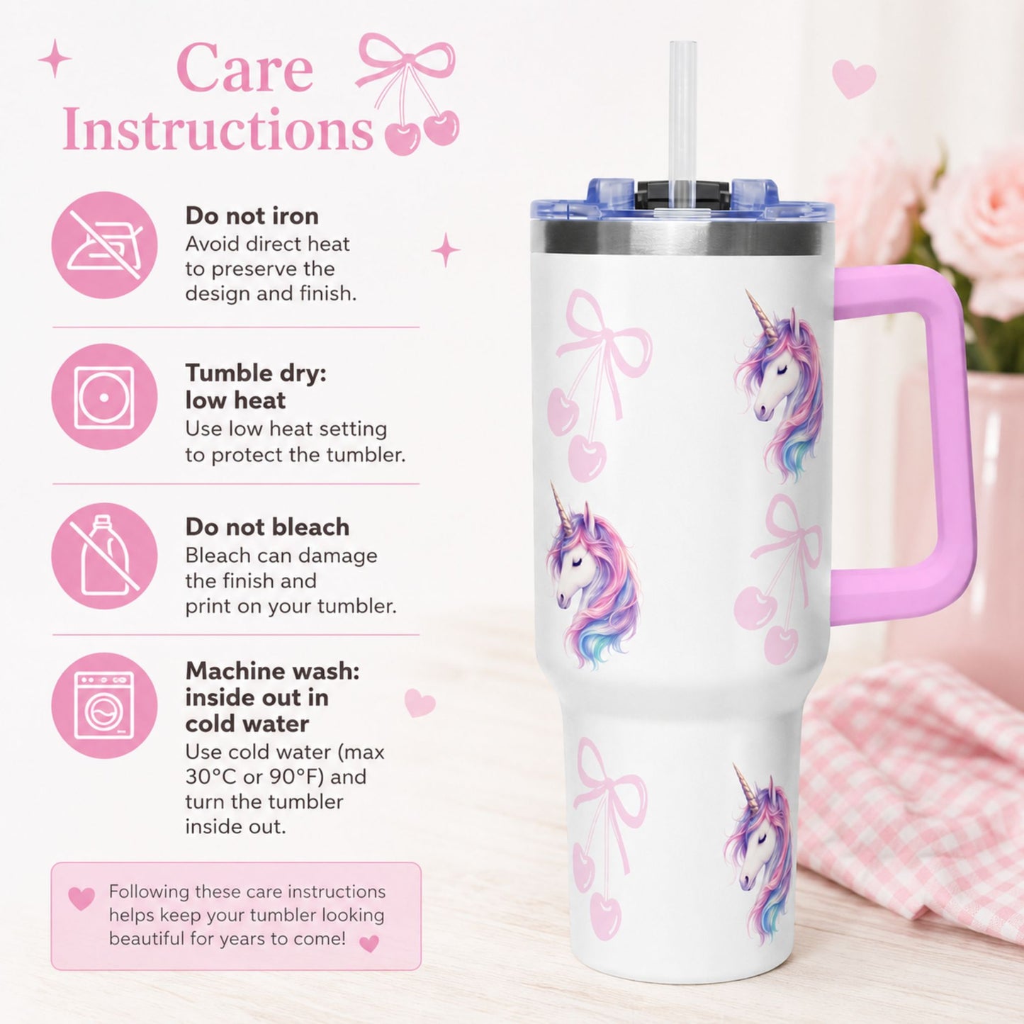 40oz Unicorn Pattern Vacuum Tumbler with Straw | Magical Pastel Travel Mug