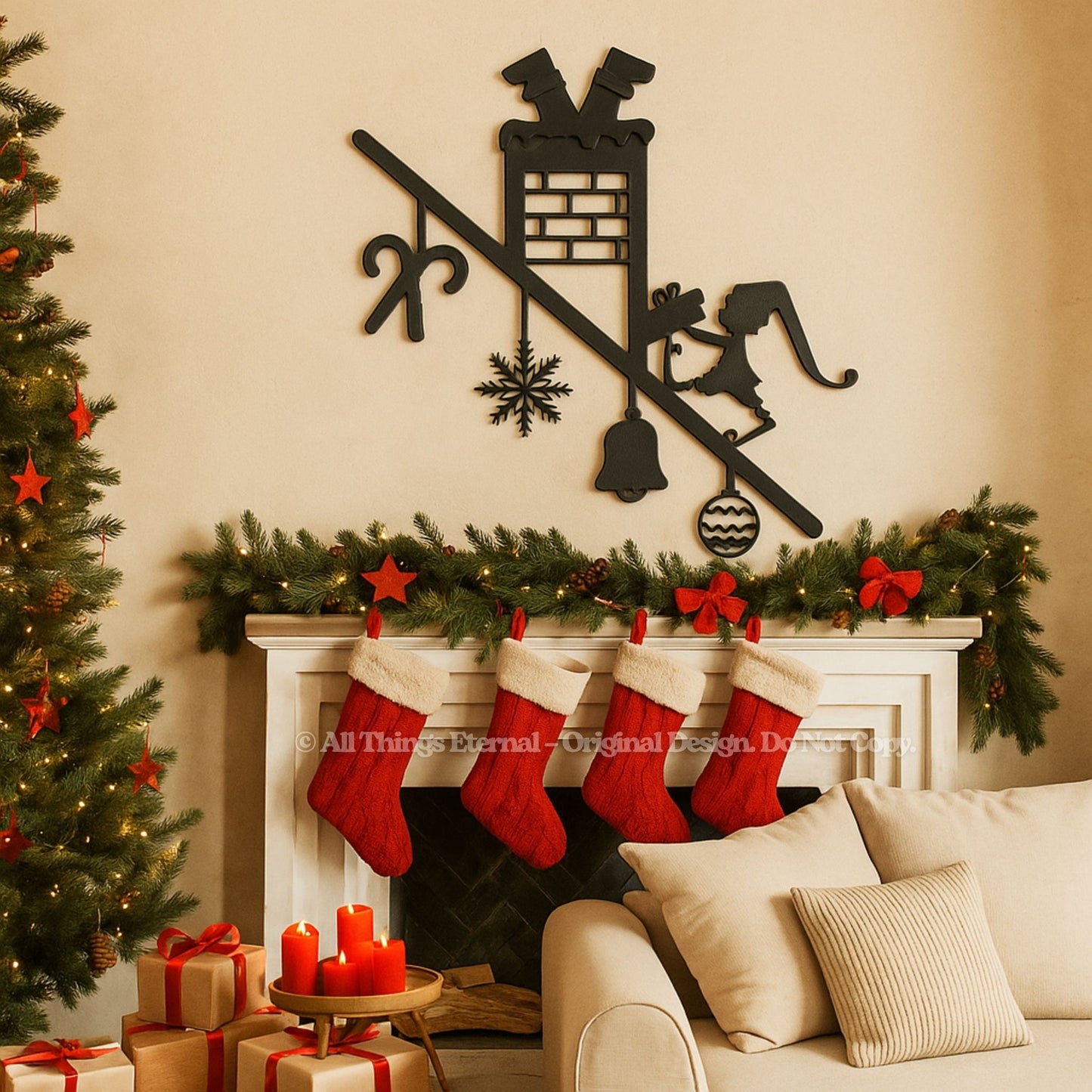 Santa & Elf Chimney Metal Wall Art – Christmas Door & Porch Decor