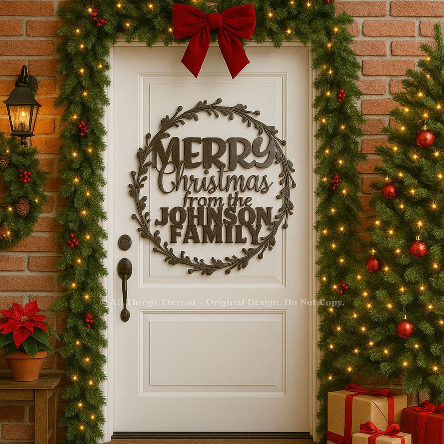 Personalized Round Wreath Merry Christmas Metal Sign