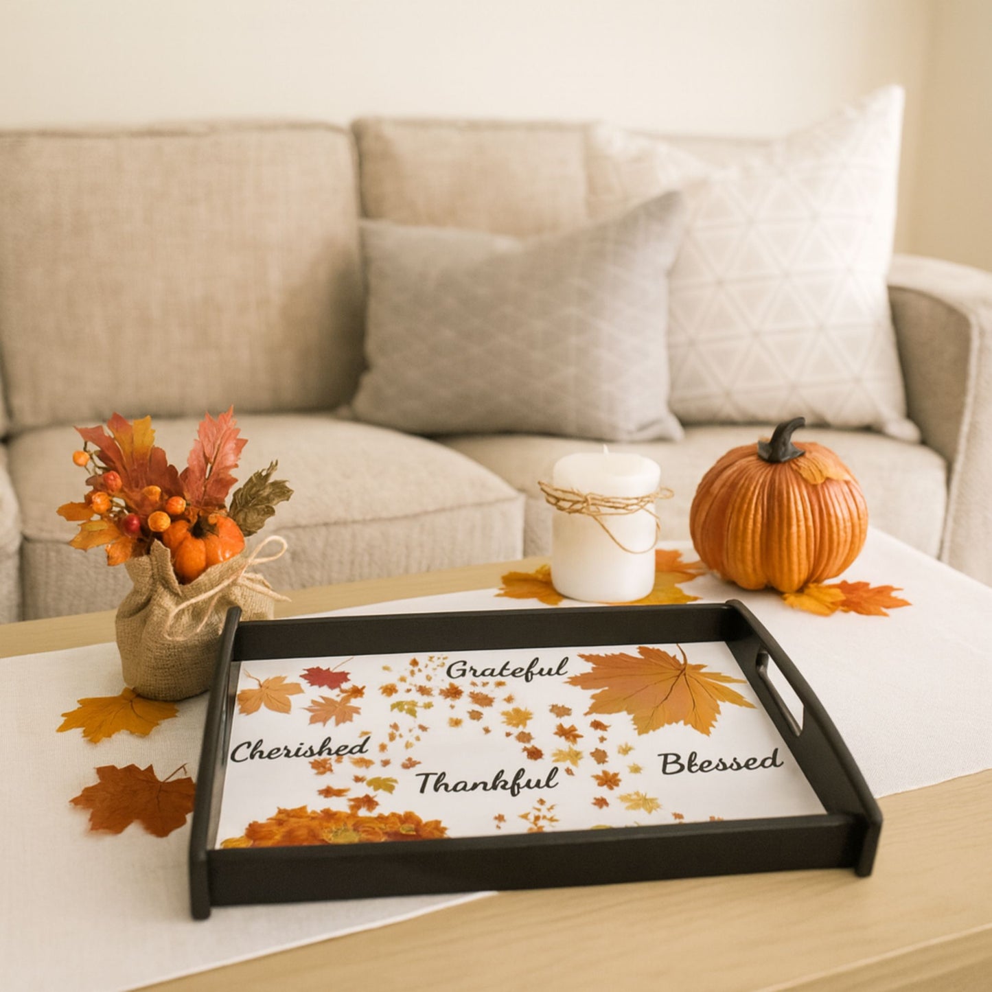 Grateful Thankful Blessed Wooden Serving Tray | Rustic Holiday Tableware