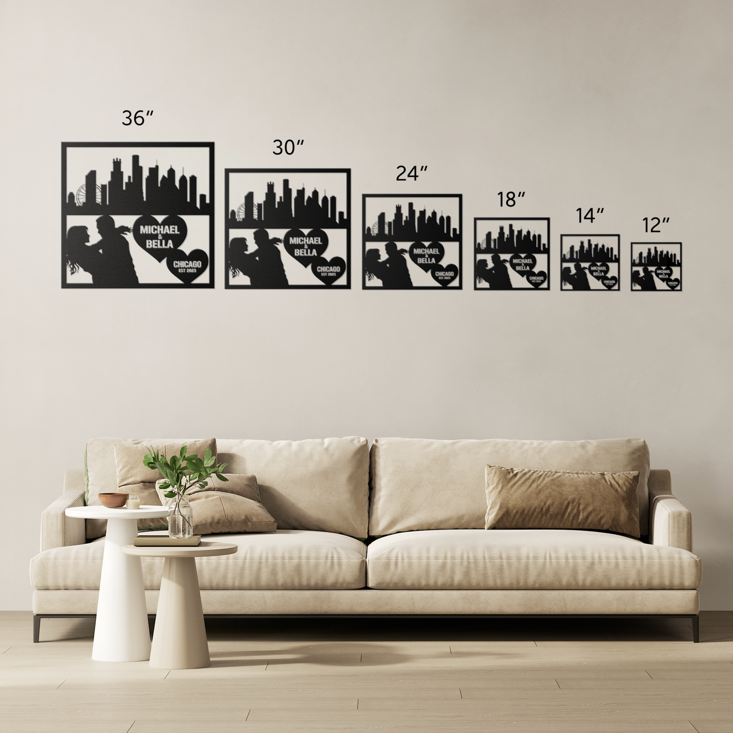 Personalized Chicago Cityscape Couple Metal Wall Hanging Sign-Romantic Gift for Couple