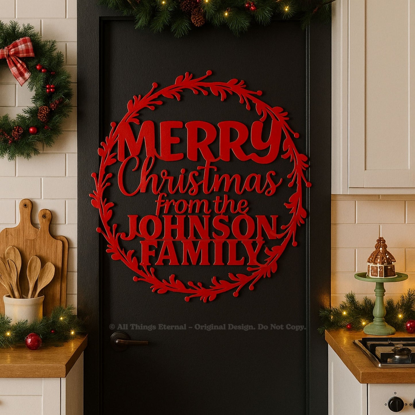Personalized Round Wreath Merry Christmas Metal Sign
