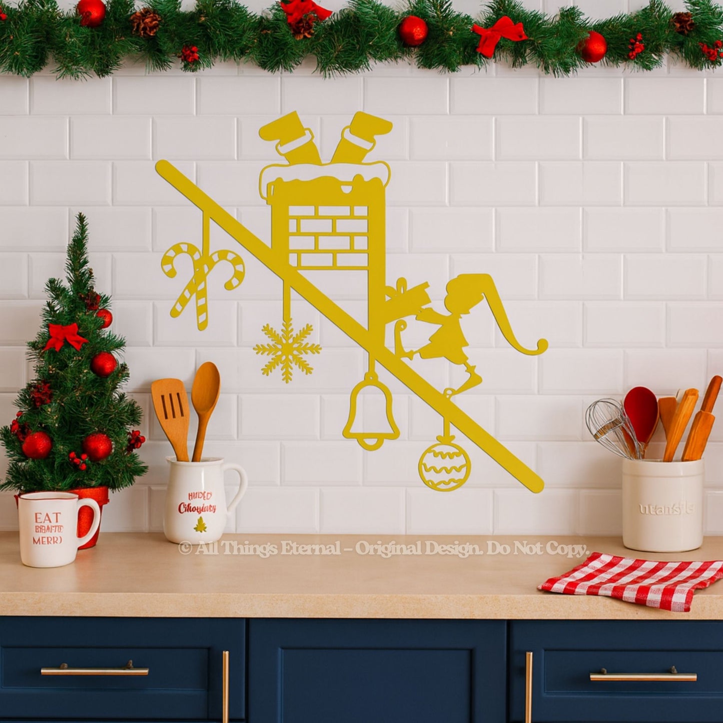 Santa & Elf Chimney Metal Wall Art – Christmas Door & Porch Decor