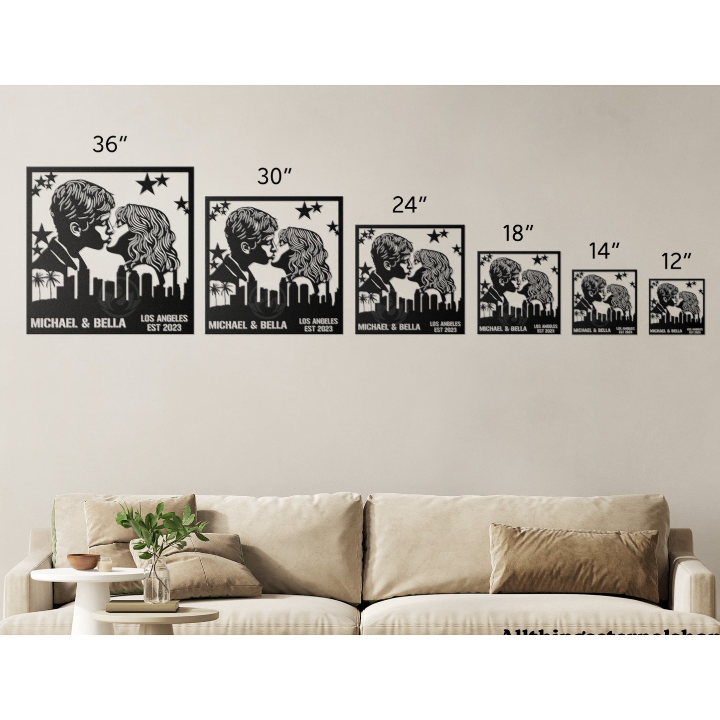 Custom Los Angeles Skyline Metal Sign- Stunning Couple Wall Art Decor