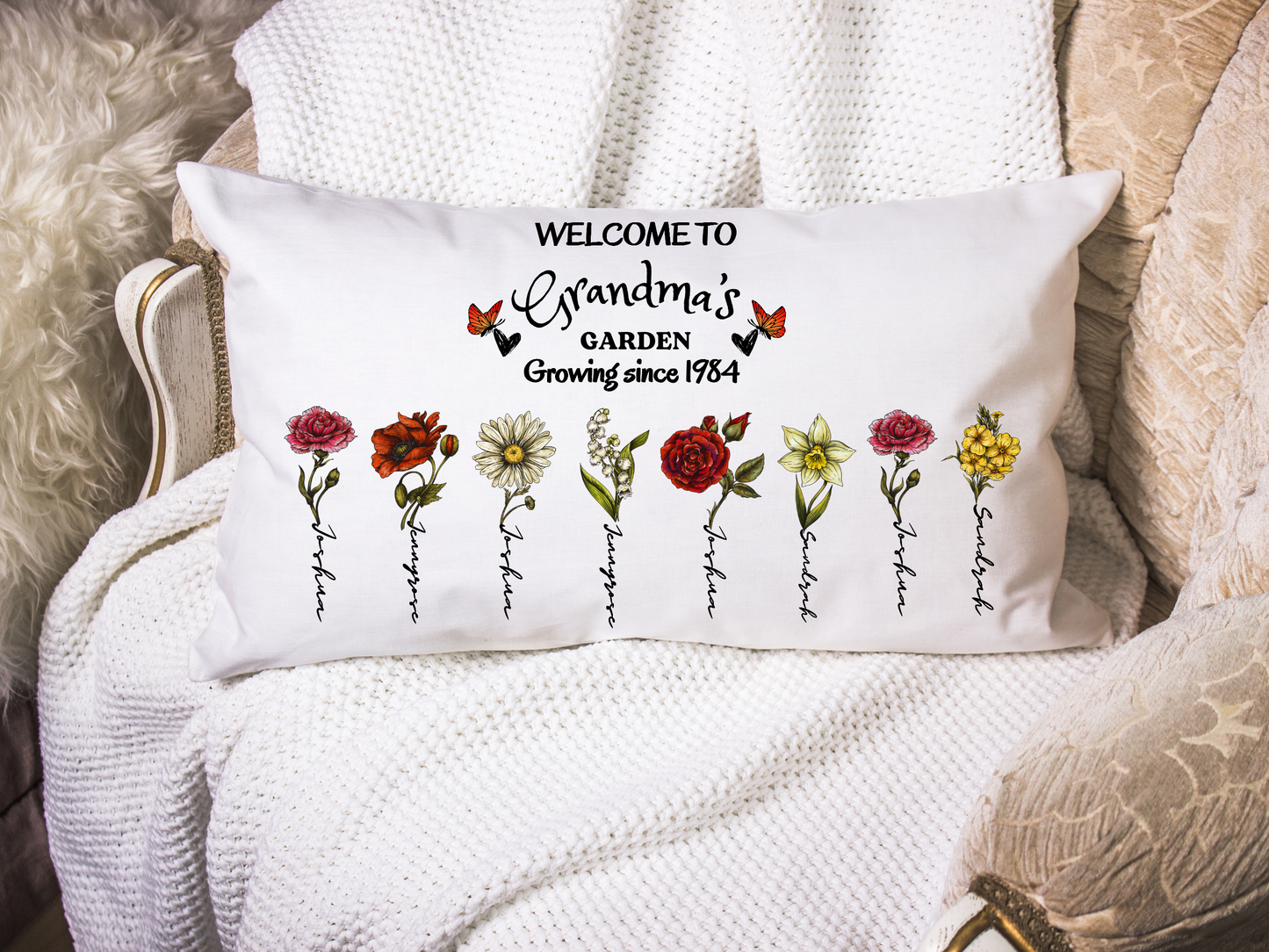 Personalized Grandma’s Garden Pillow - Birth Month Flower Gift