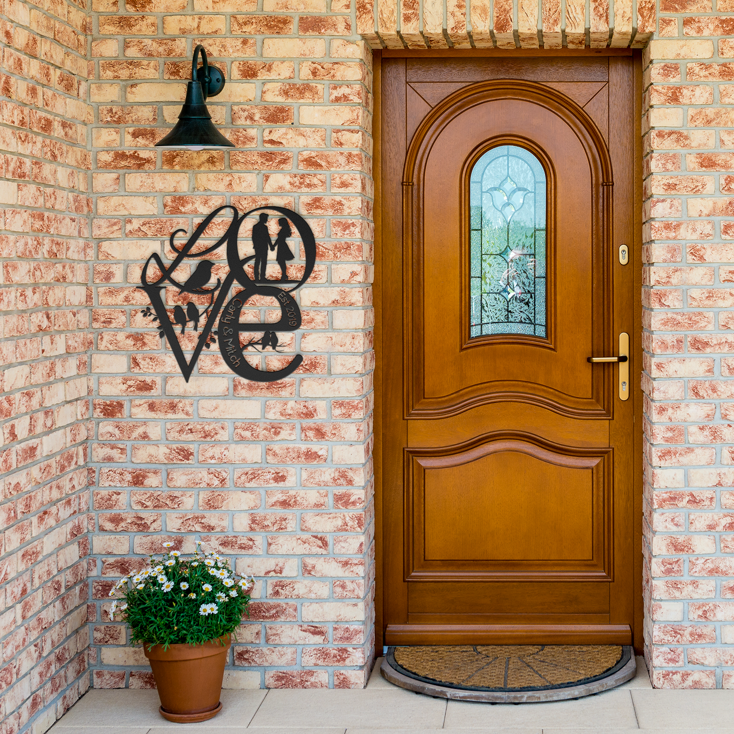 Love_Birds_Metal_Art_Personalized_Valen_Black_Brick_Entrance_Mockup.png