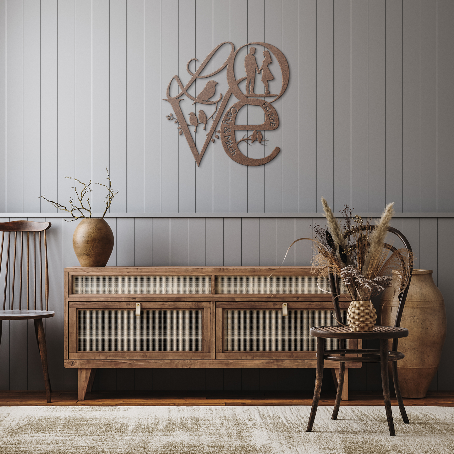 Love_Birds_Metal_Art_Personalized_Valen_Copper_Rustic_Hallway_Mockup.png