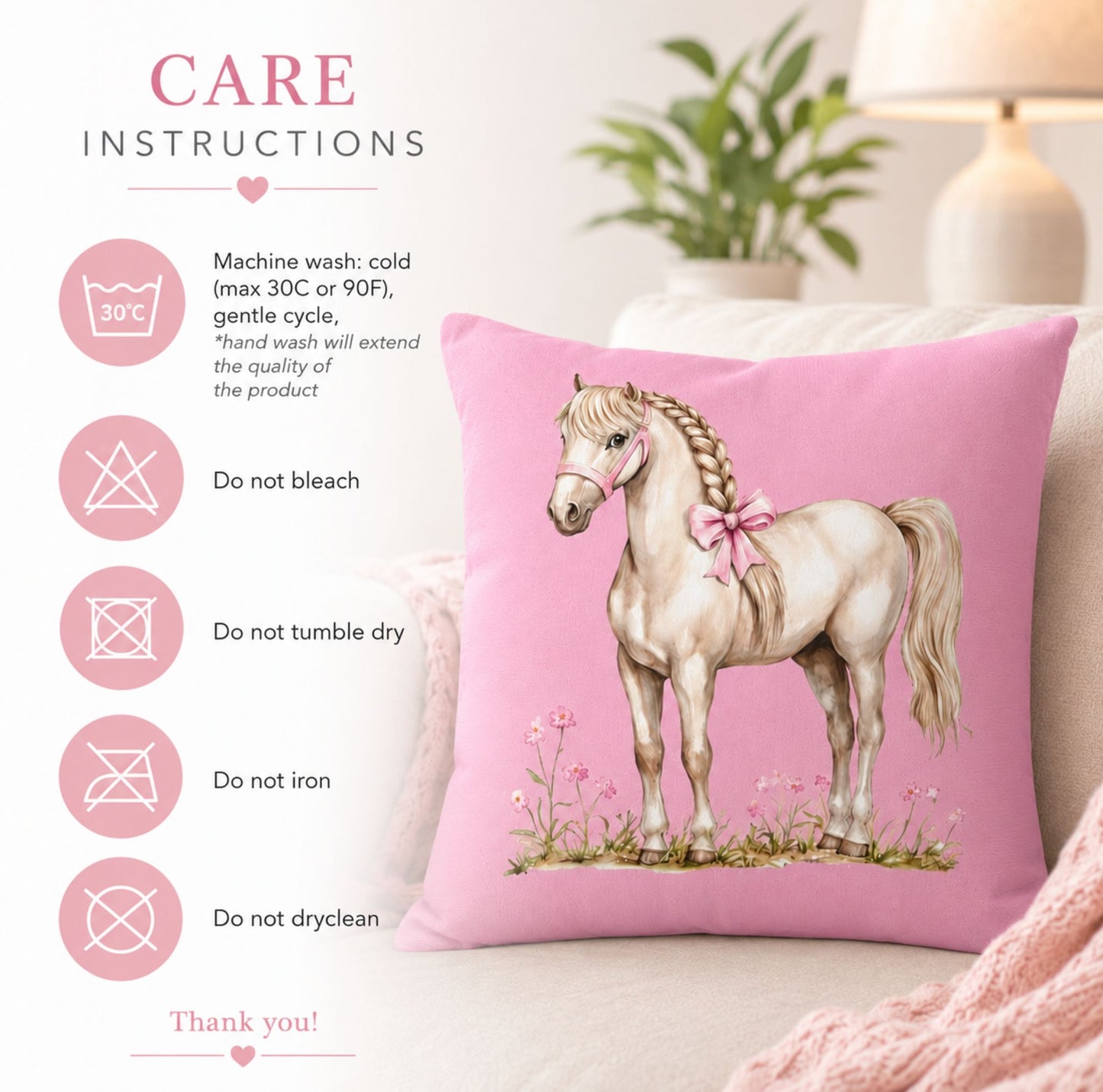 Pink Pony Decorative Pillowcase — Cute White Horse Throw Pillow Cover