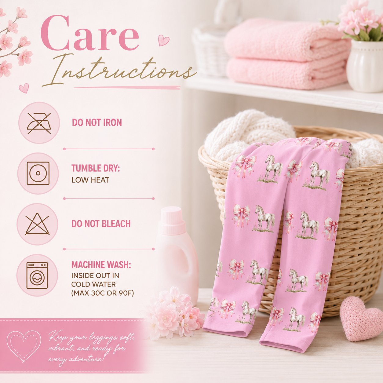 Pink Pony & Pink Lace Bow Kids Leggings | Floral All-Over Print Stretch Pants