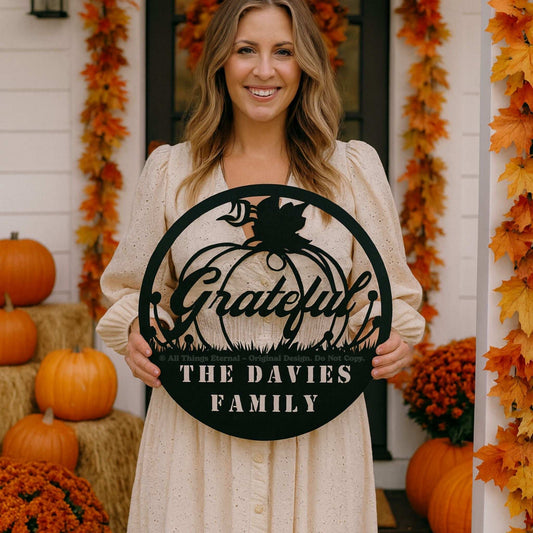 Personalized Pumpkin Grateful Metal Wall Art – Fall & Thanksgiving Decor